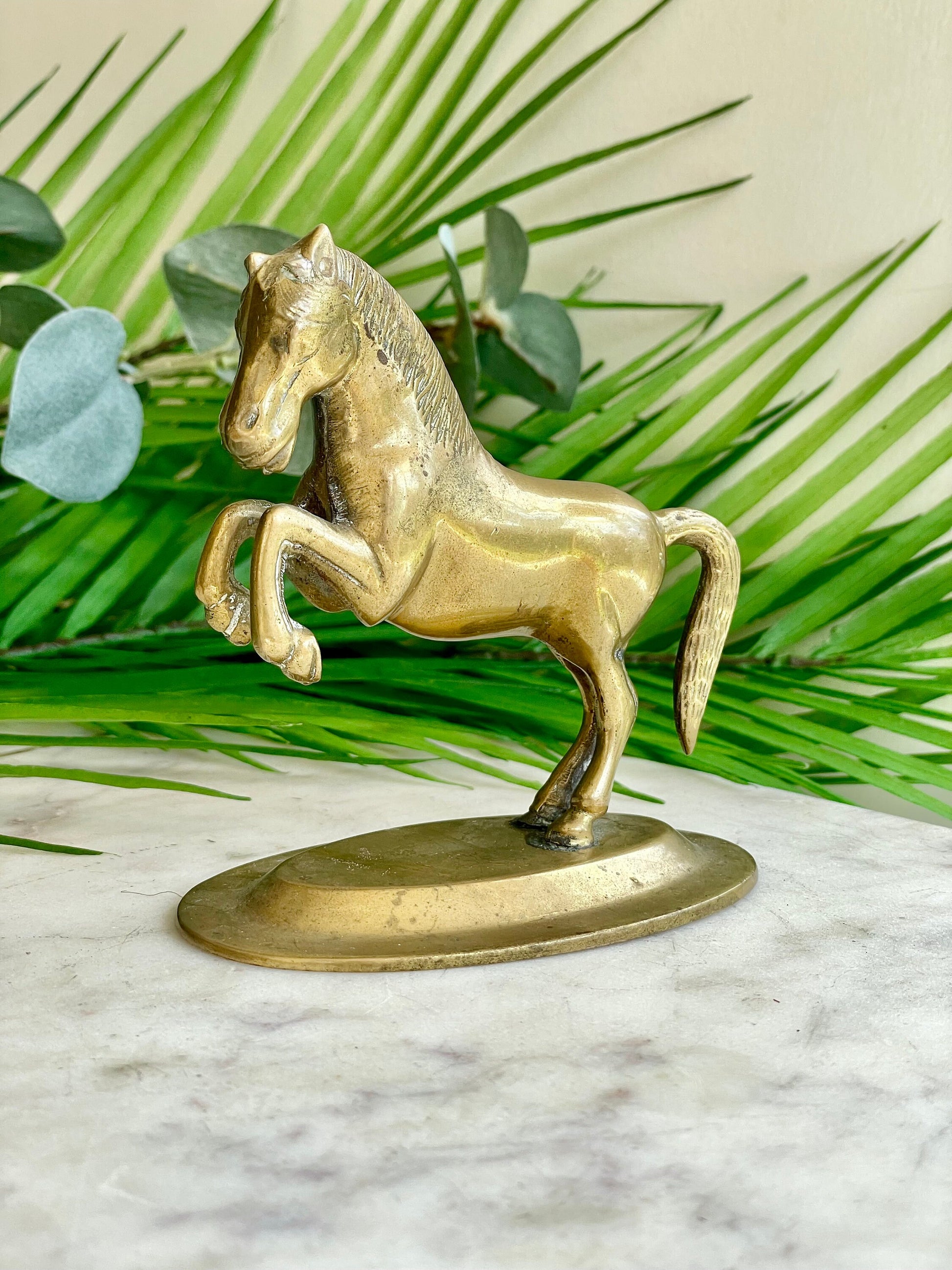 Vintage Solid brass horse statue, Cast metal, Midcentury Equestrian ornament, Golden Stallion Statue
