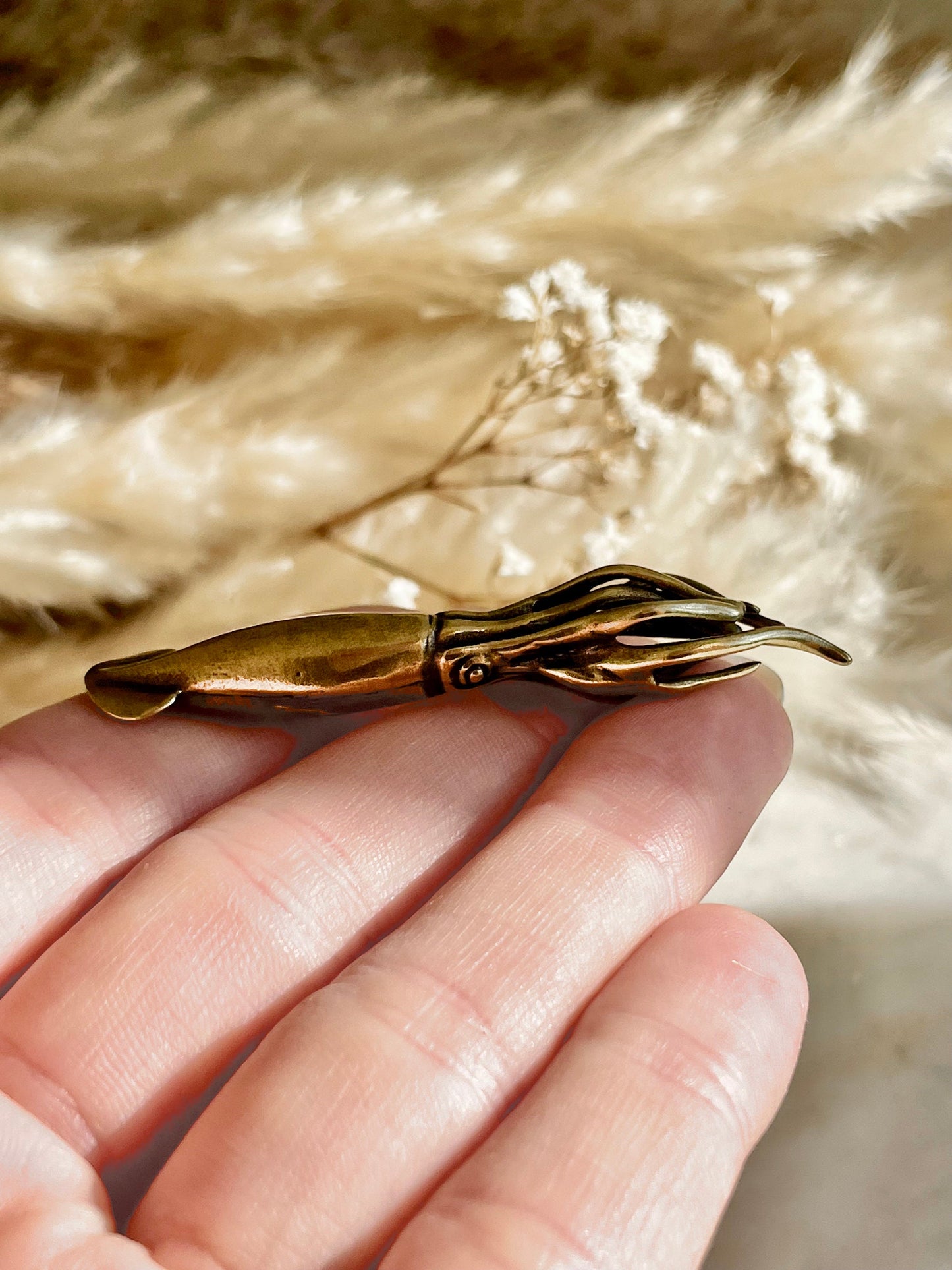 Solid Brass Squid Miniature, Sea themed ornament, Evoking the Wonders of the Sea, Calamari Figurine