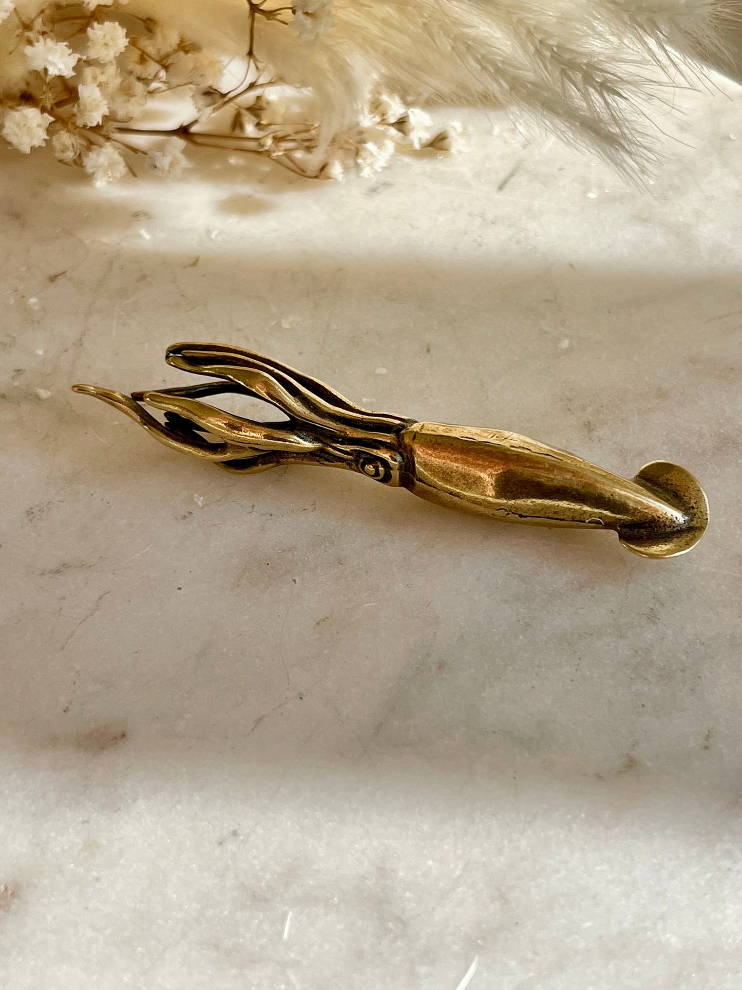 Solid Brass Squid Miniature, Sea themed ornament, Evoking the Wonders of the Sea, Calamari Figurine