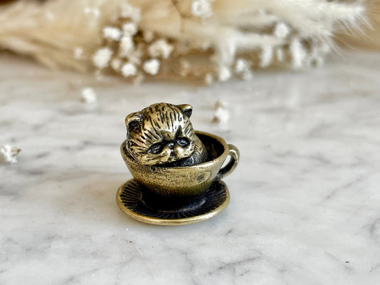 Adorable solid brass kitten in a cup statuette, little metal cat figurine, cute little Persian kitty miniature, thoughtful gift cat lover