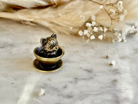 Adorable solid brass puppy in a cup statuette, little metal dog figurine, cute little Pomeranian puppy miniature, dog lover gift