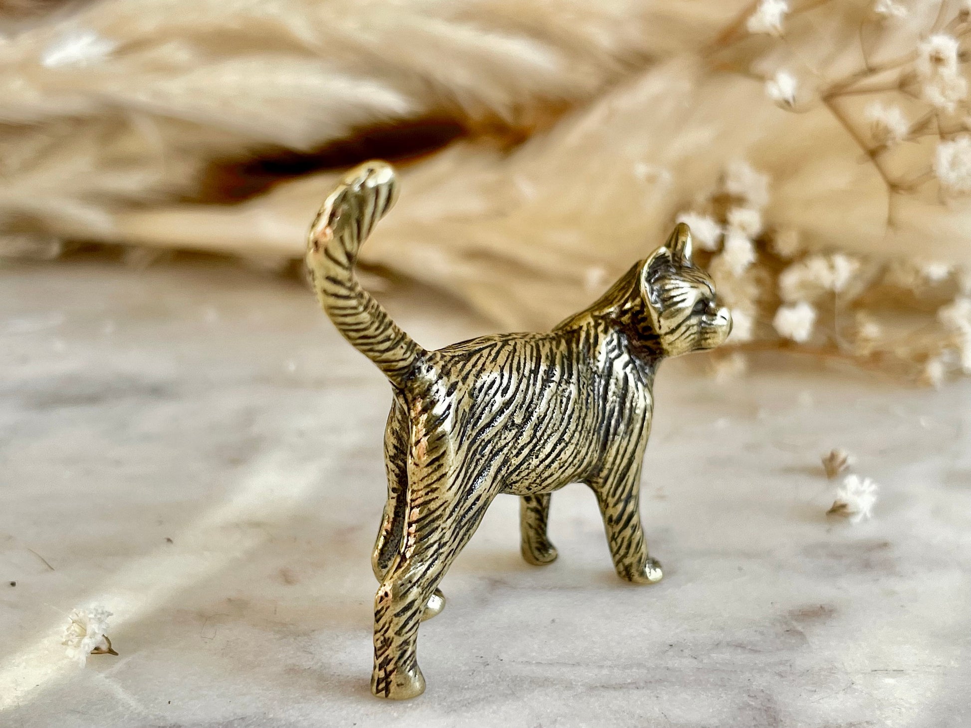 Brass Kitty Keepsake, little cat metal figurine, solid brass cat statue, kitten miniature, cat lover gift