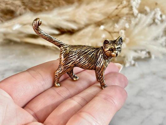 Brass Kitty Keepsake, little cat metal figurine, solid brass cat statue, kitten miniature, cat lover gift