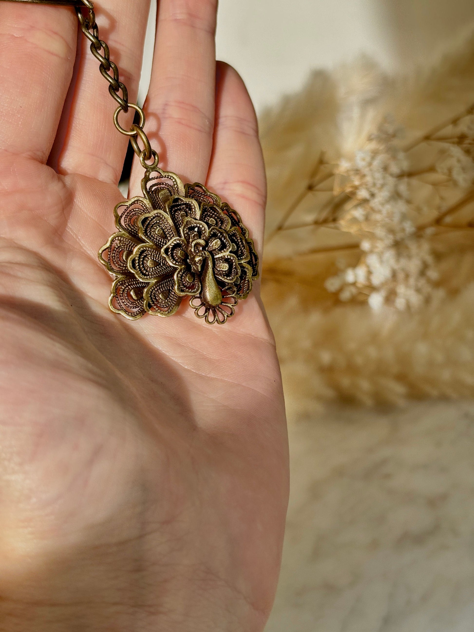Stunning Solid brass Peacock Pendant, Metal Peacock keyring, old Style Golden color jewellery, Peacock Charm