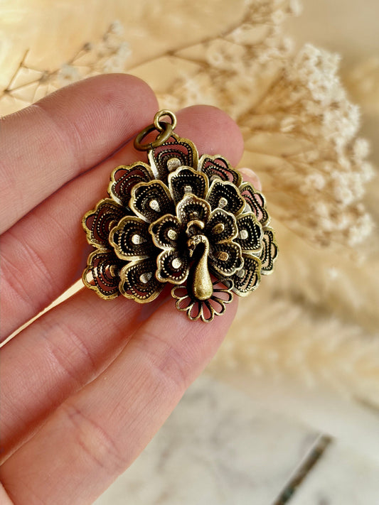 Stunning Solid brass Peacock Pendant, Metal Peacock keyring, old Style Golden color jewellery, Peacock Charm