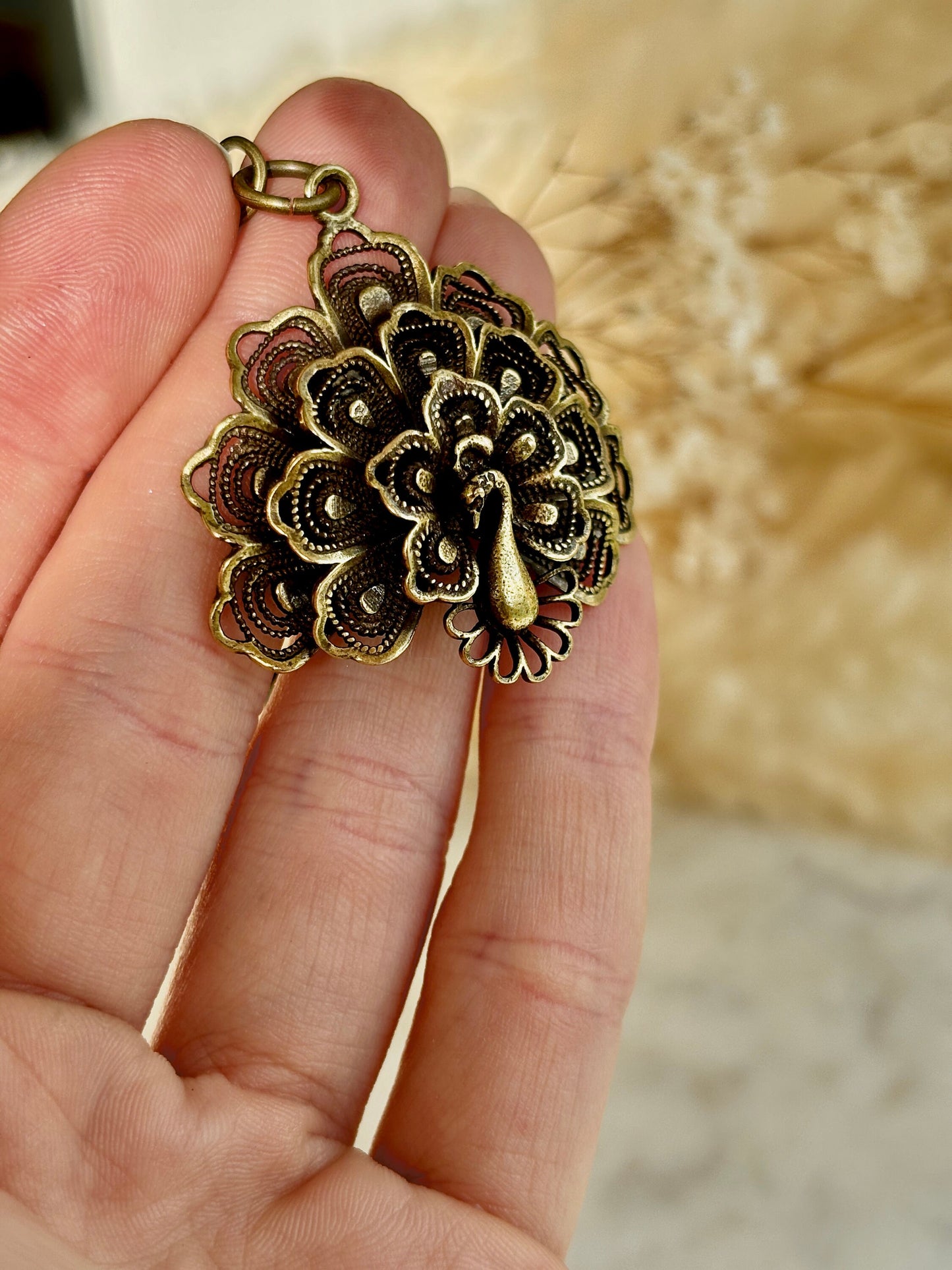 Stunning Solid brass Peacock Pendant, Metal Peacock keyring, old Style Golden color jewellery, Peacock Charm
