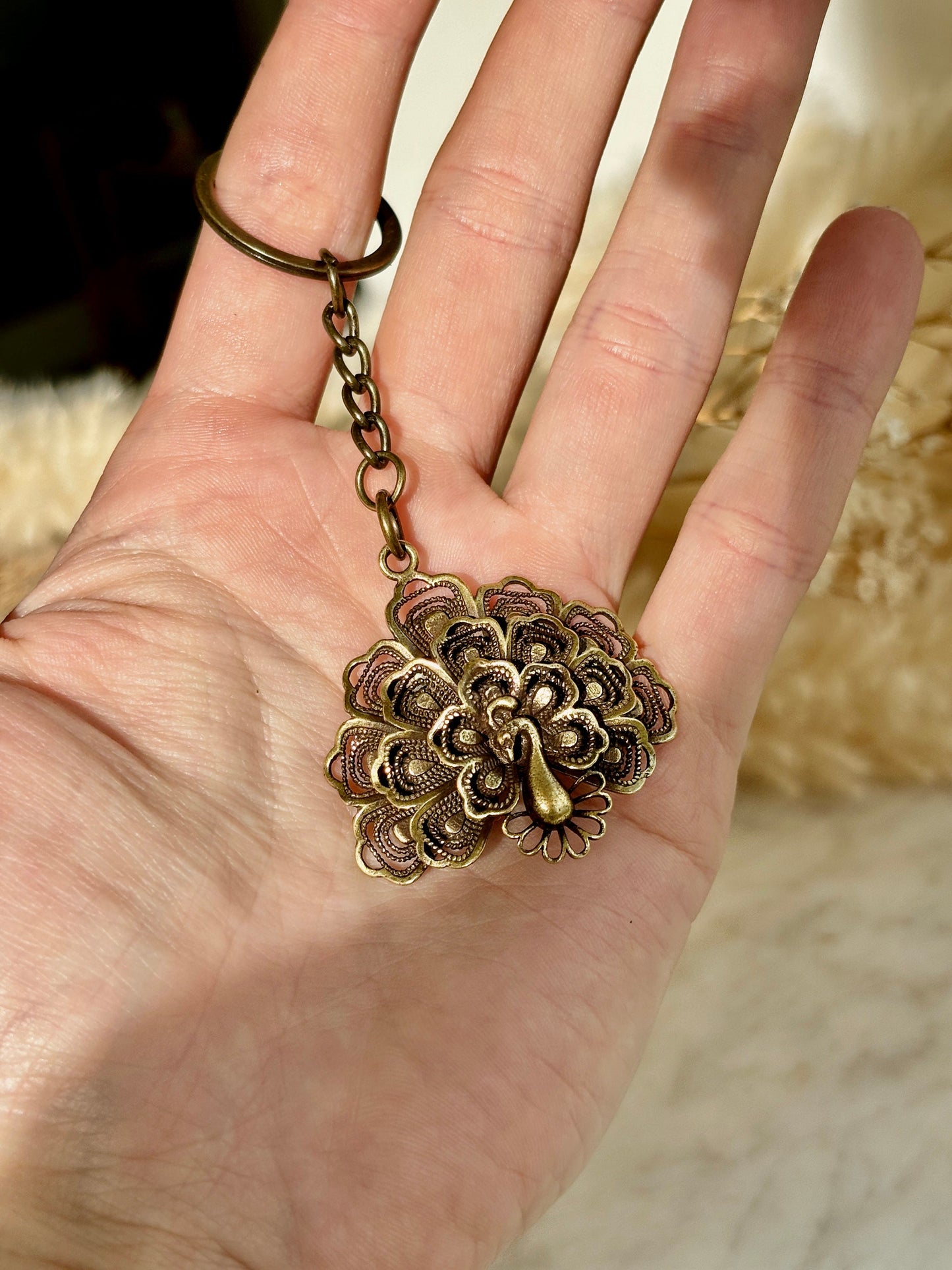 Stunning Solid brass Peacock Pendant, Metal Peacock keyring, old Style Golden color jewellery, Peacock Charm