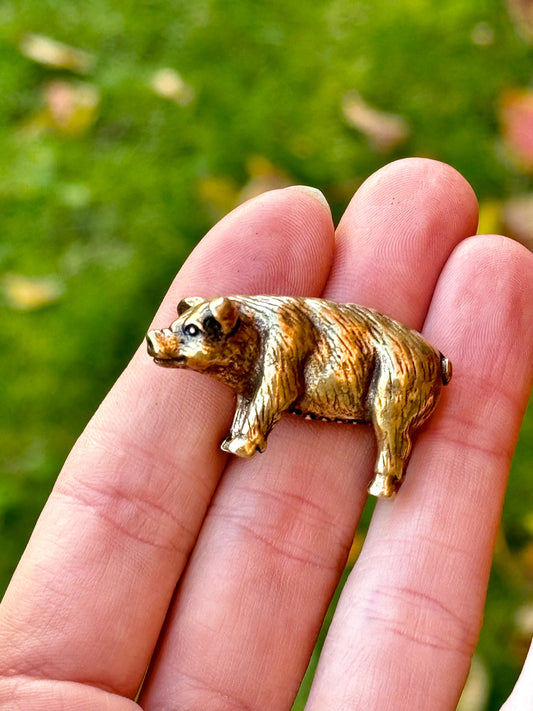 Happy little piglet fine solid brass miniature, lost wax casting, pig figurine, cute little animal sculpture