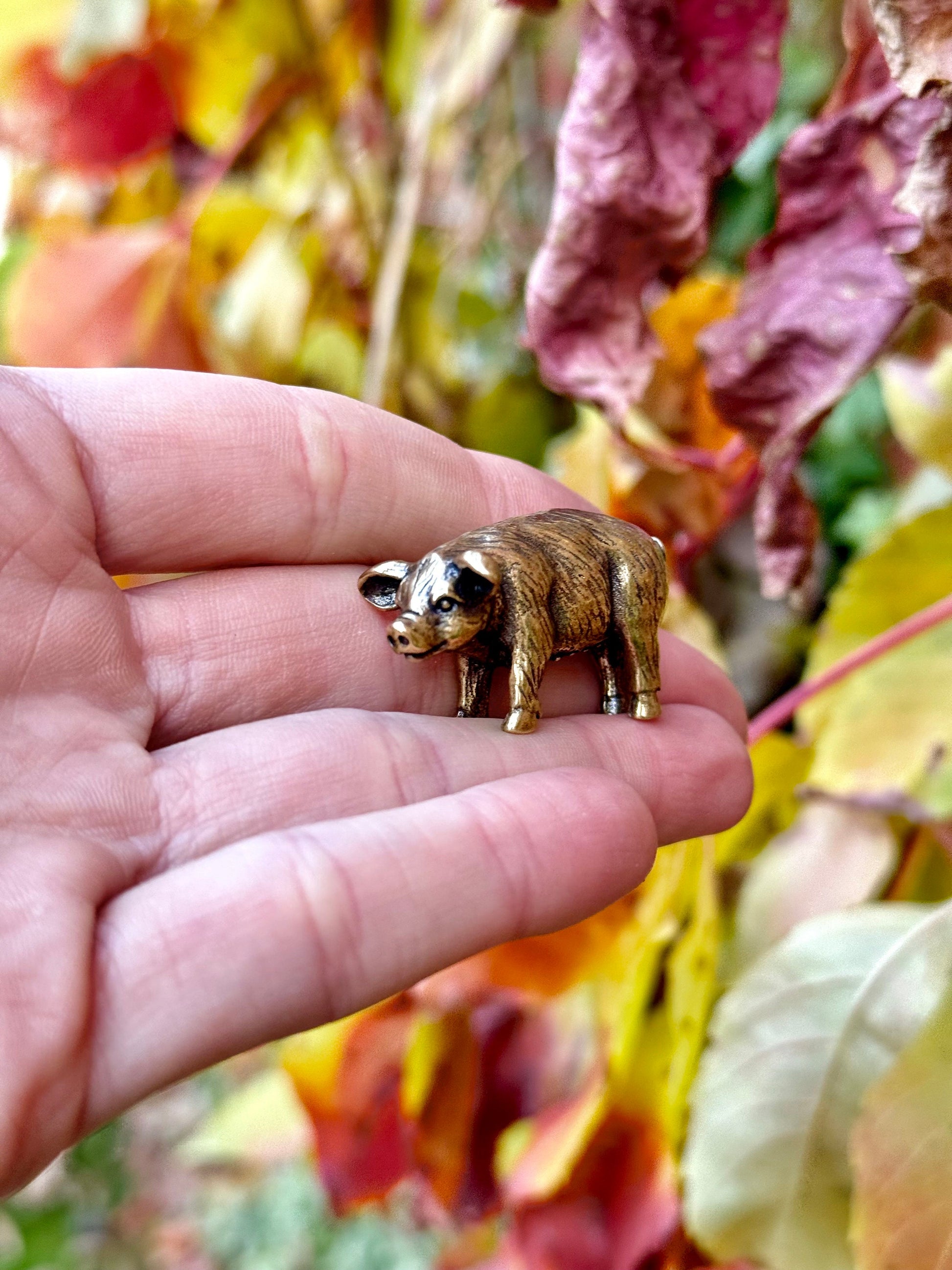 Happy little piglet fine solid brass miniature, lost wax casting, pig figurine, cute little animal sculpture