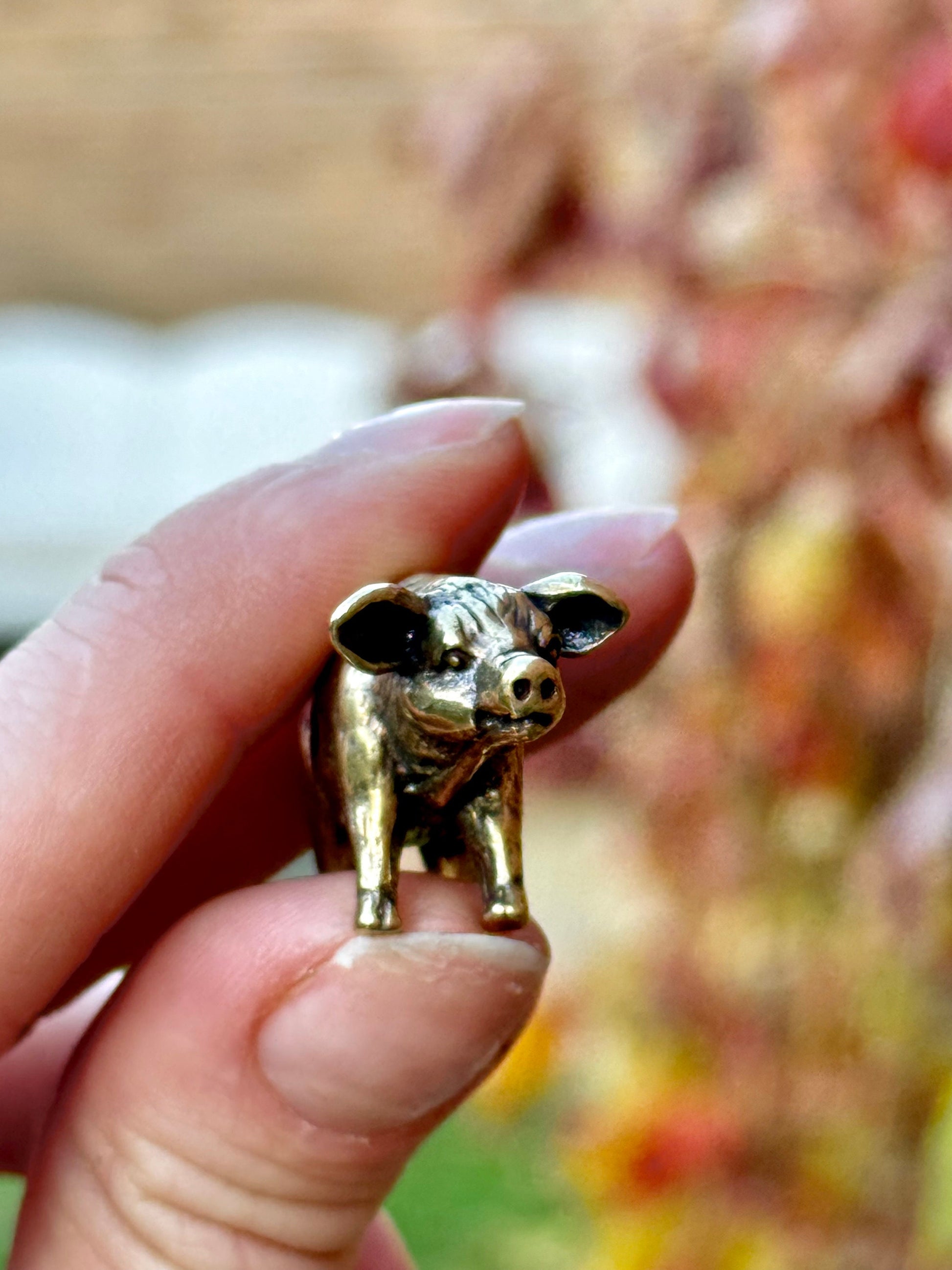 Happy little piglet fine solid brass miniature, lost wax casting, pig figurine, cute little animal sculpture