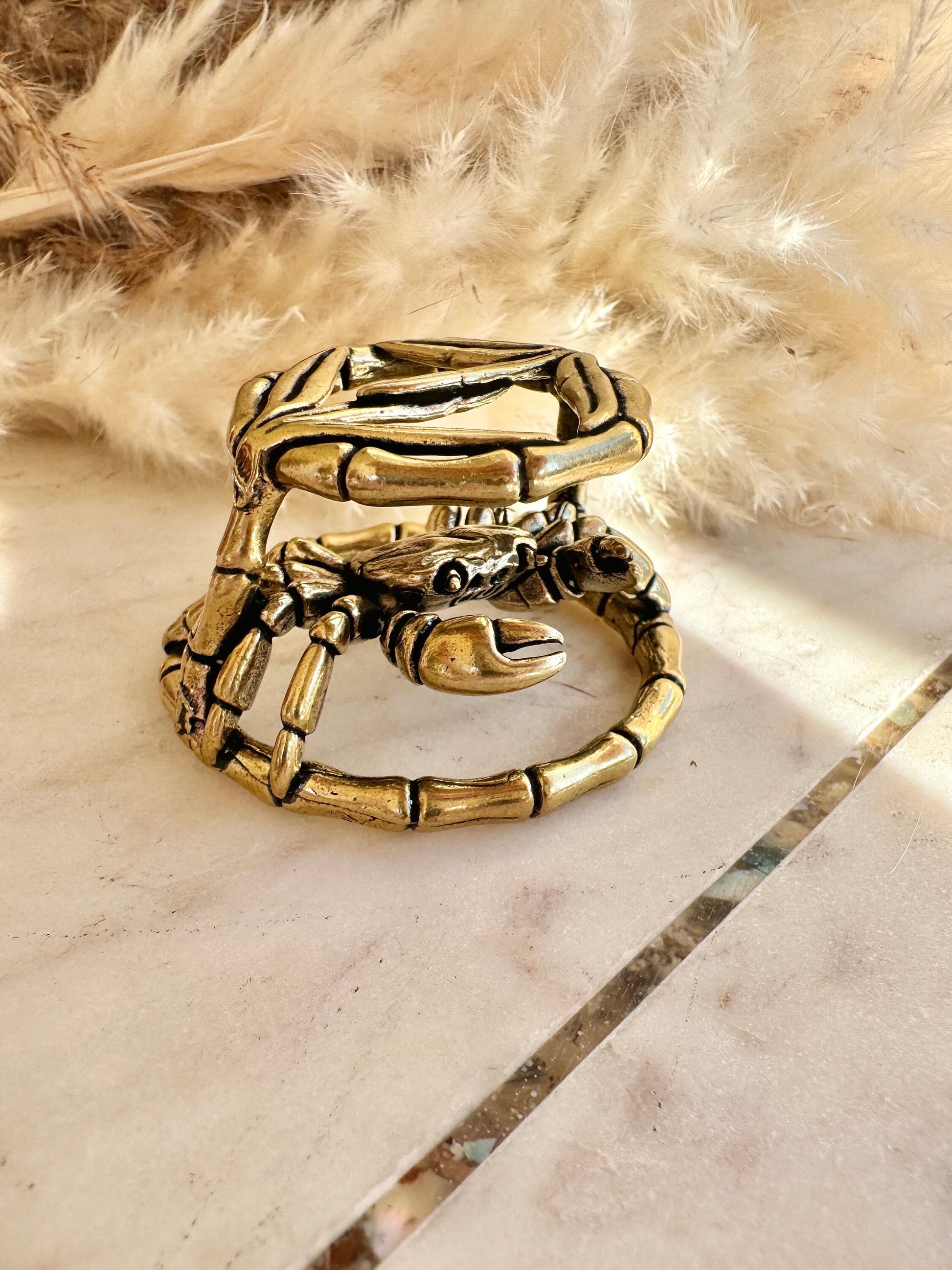 Cute Solid Brass Crab in Bamboo Statue, Japanese style Desk Accessory, Sea creature Paperweight