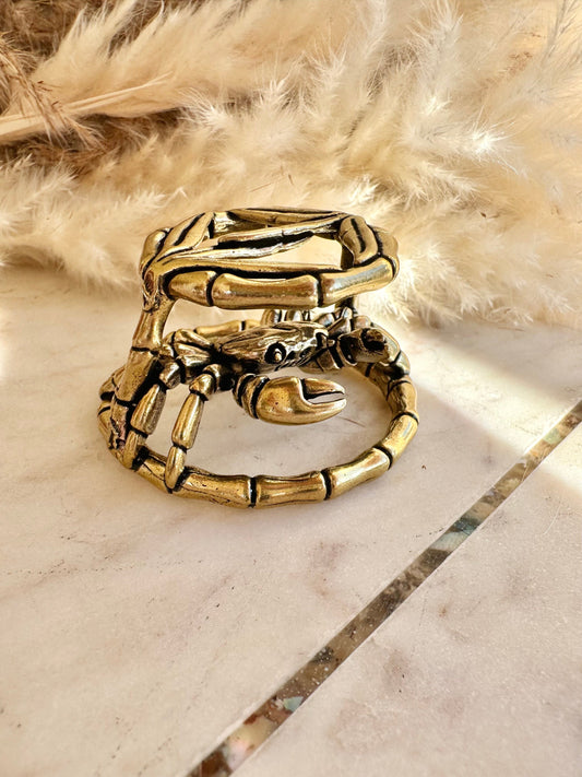 Cute Solid Brass Crab in Bamboo Statue, Japanese style Desk Accessory, Sea creature Paperweight