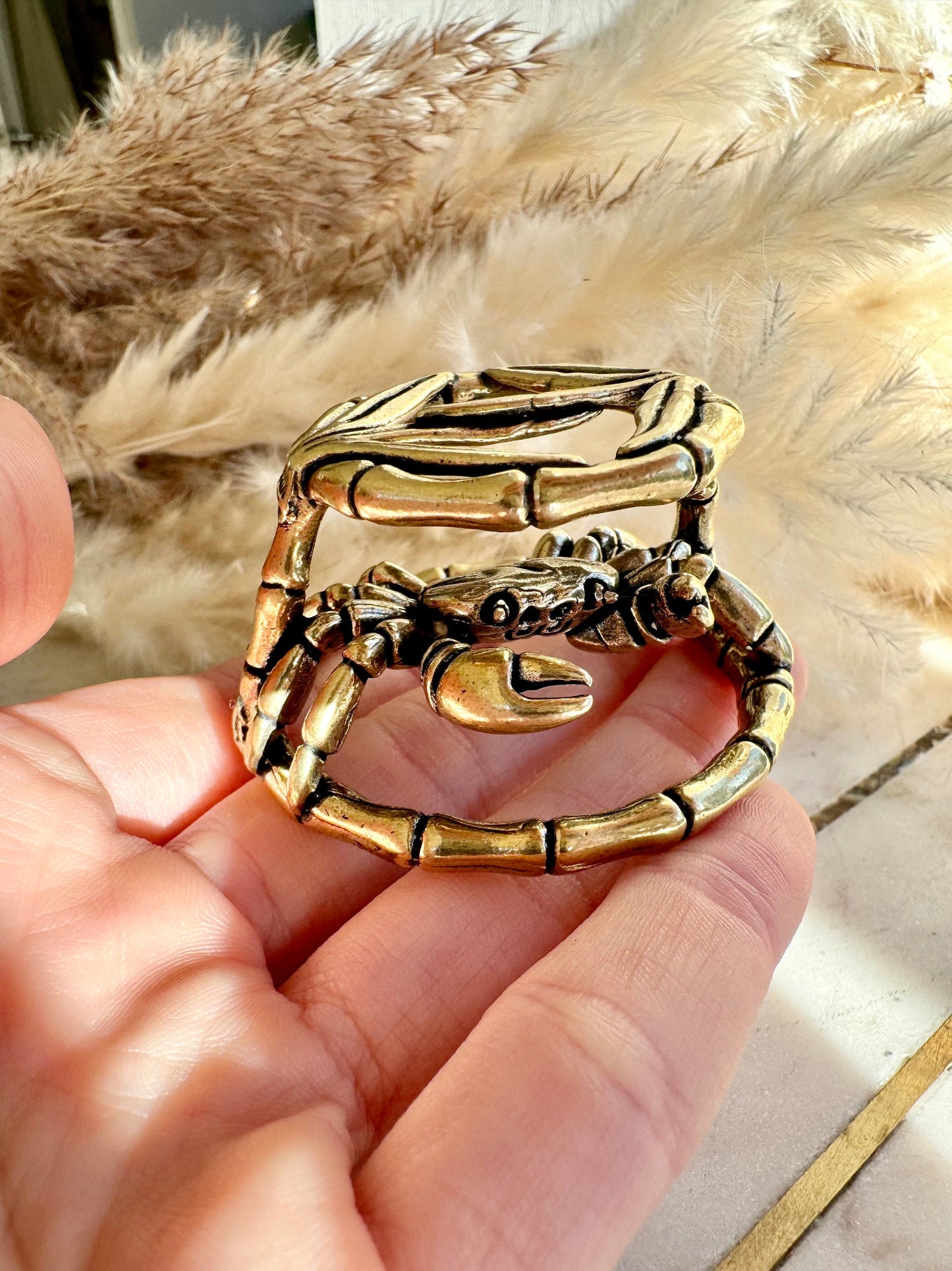 Cute Solid Brass Crab in Bamboo Statue, Japanese style Desk Accessory, Sea creature Paperweight