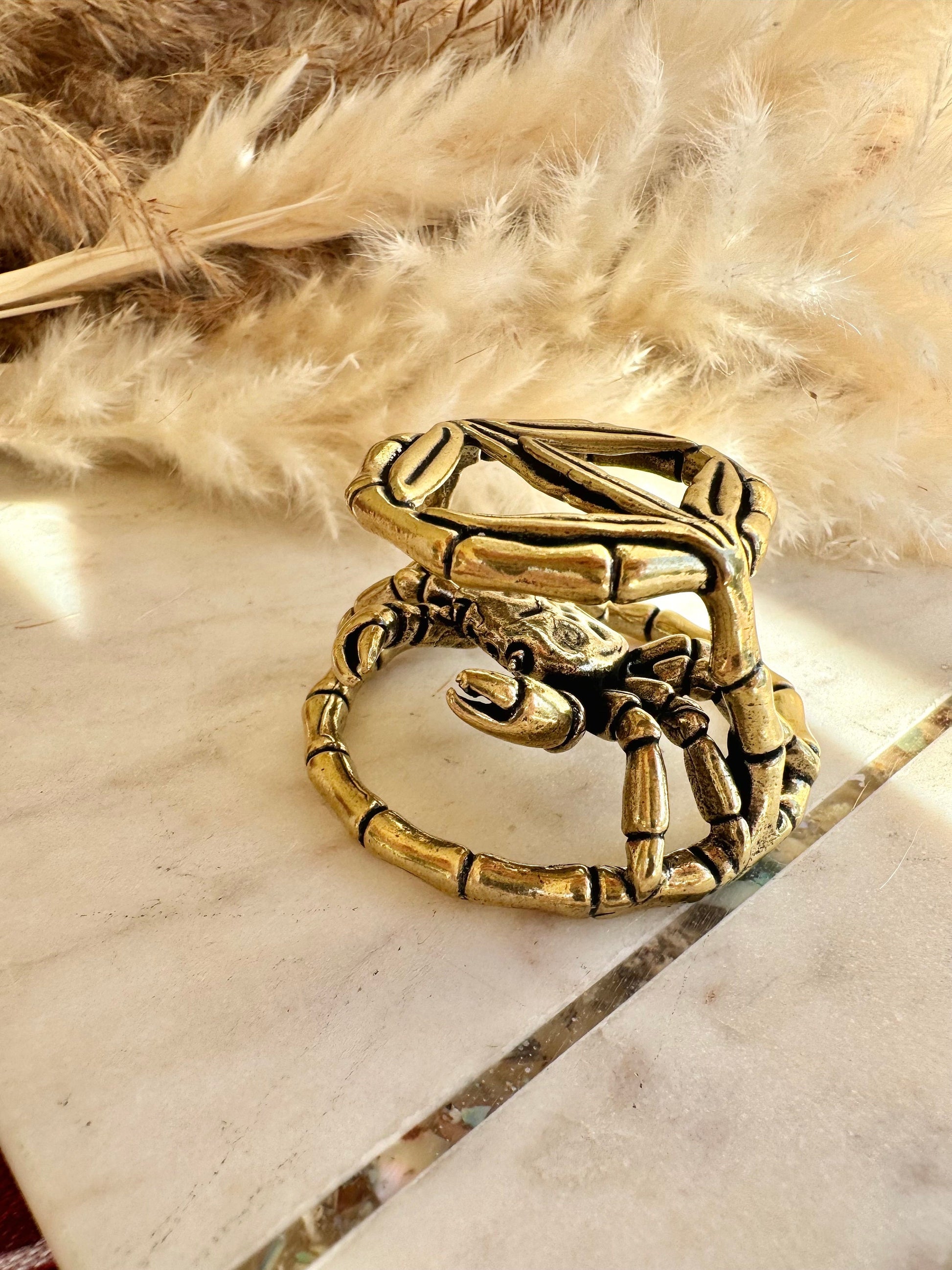 Cute Solid Brass Crab in Bamboo Statue, Japanese style Desk Accessory, Sea creature Paperweight