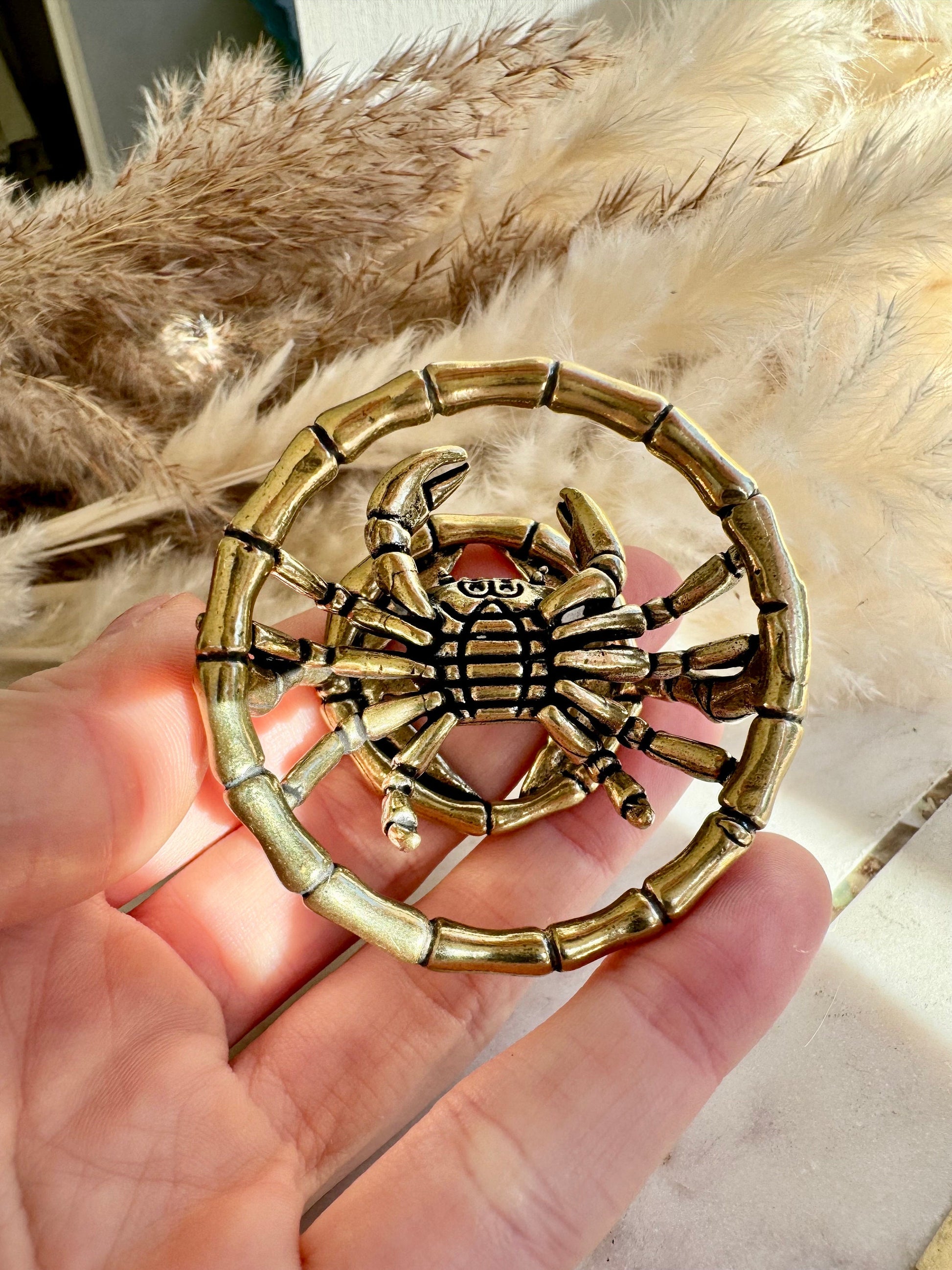 Cute Solid Brass Crab in Bamboo Statue, Japanese style Desk Accessory, Sea creature Paperweight