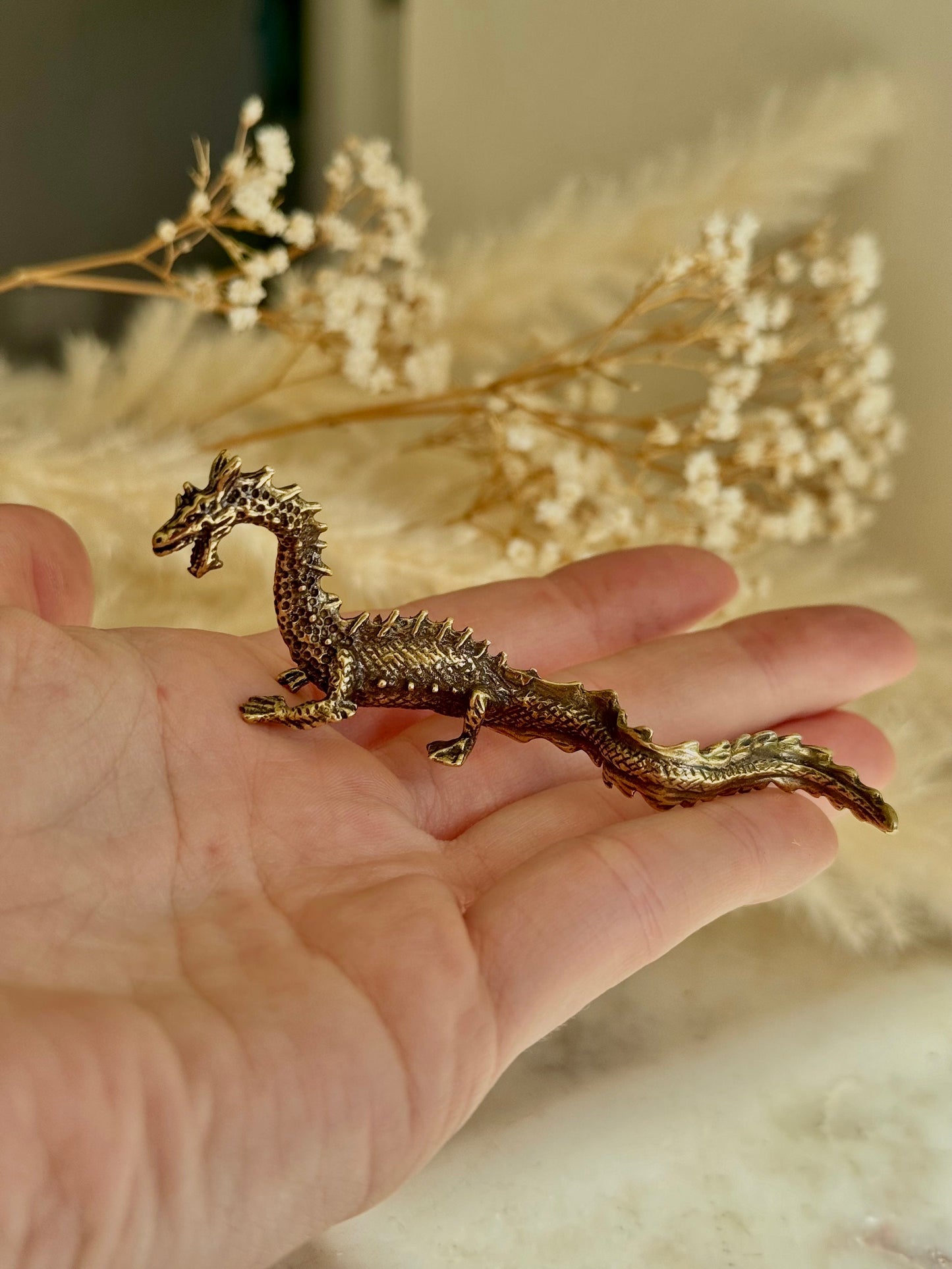 Proud Asian Dragon solid brass miniature, Chinese Feng Shui Animal Statue, golden dragon statuette, Chinese new year gift, fountain pen rest