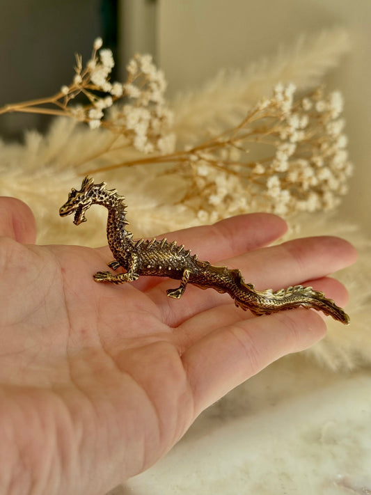Proud Asian Dragon solid brass miniature, Chinese Feng Shui Animal Statue, golden dragon statuette, Chinese new year gift, fountain pen rest