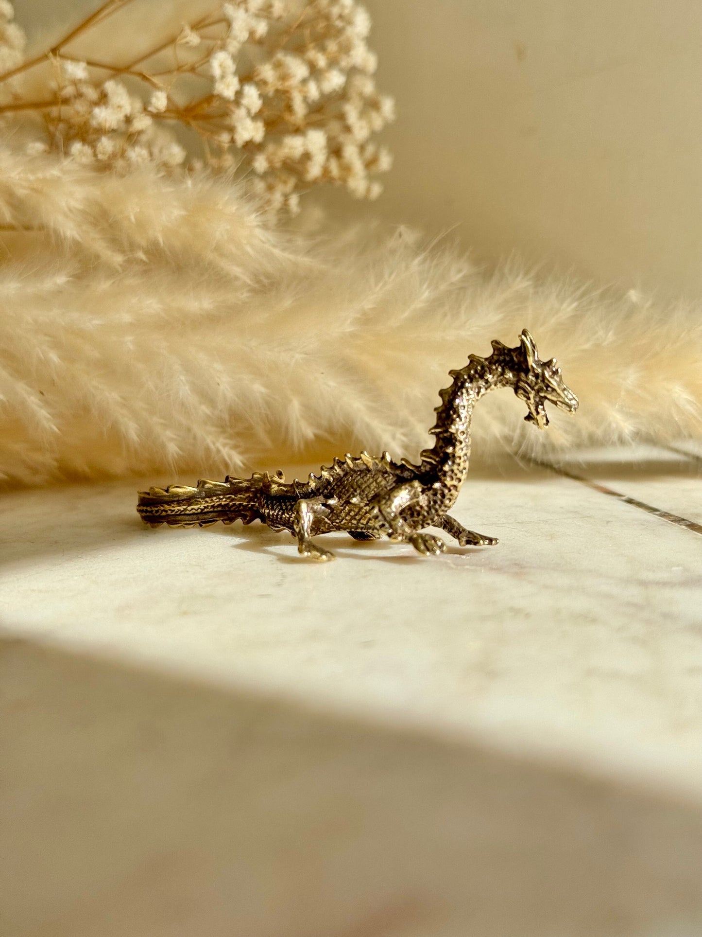 Proud Asian Dragon solid brass miniature, Chinese Feng Shui Animal Statue, golden dragon statuette, Chinese new year gift, fountain pen rest