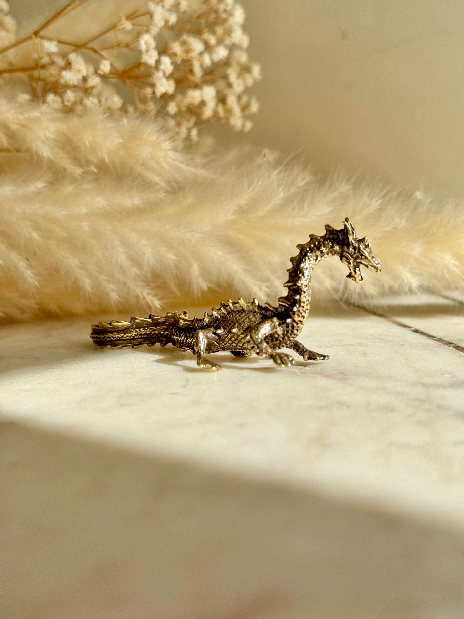 Proud Asian Dragon solid brass miniature, Chinese Feng Shui Animal Statue, golden dragon statuette, Chinese new year gift, fountain pen rest