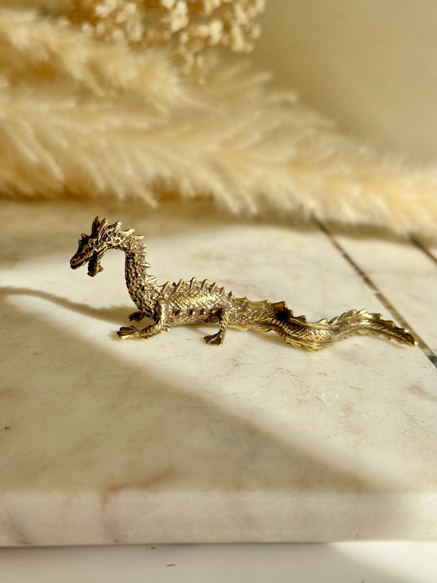 Proud Asian Dragon solid brass miniature, Chinese Feng Shui Animal Statue, golden dragon statuette, Chinese new year gift, fountain pen rest