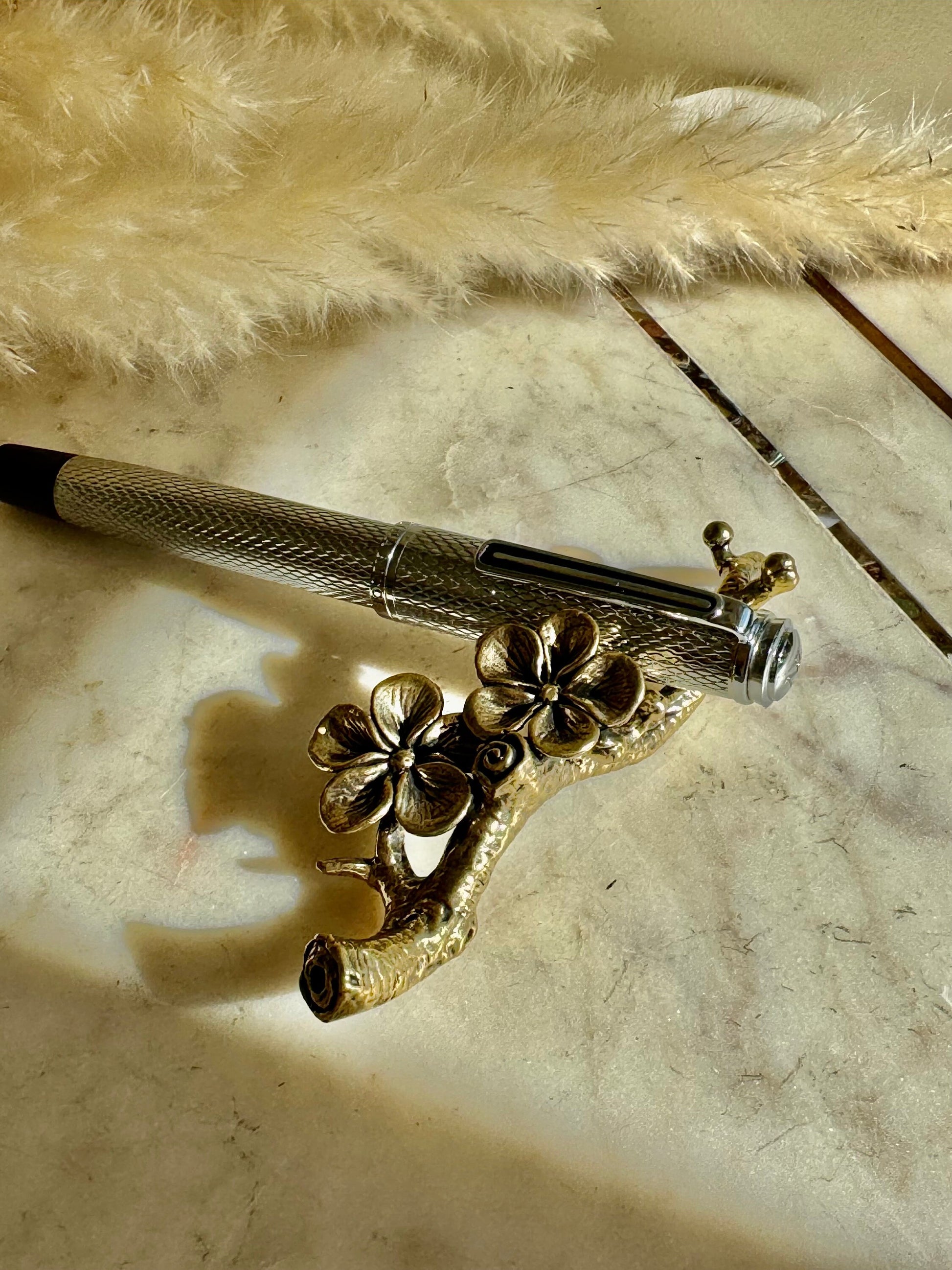 Solid brass Blossoming Cherry Pen Holder, Sakura ornaments, Flowers on a bench fountain pen rest, blossoming fruit tree figurine