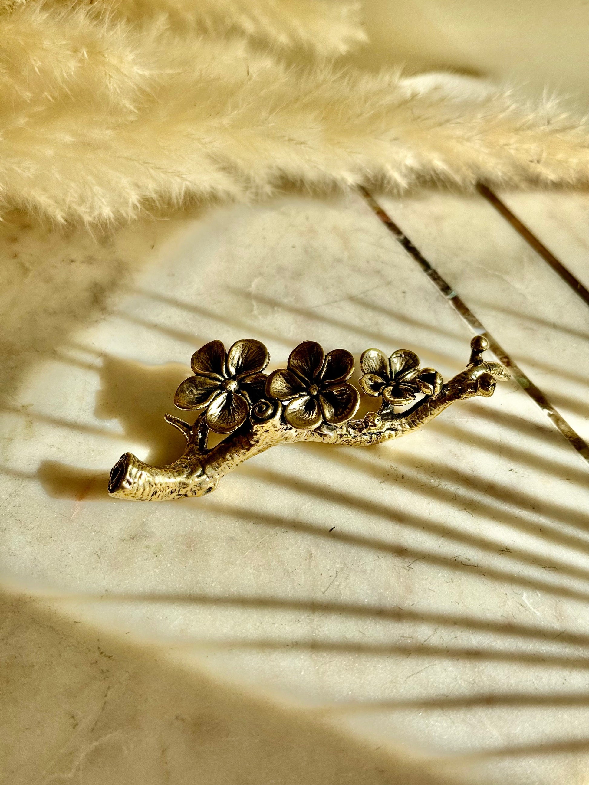Solid brass Blossoming Cherry Pen Holder, Sakura ornaments, Flowers on a bench fountain pen rest, blossoming fruit tree figurine