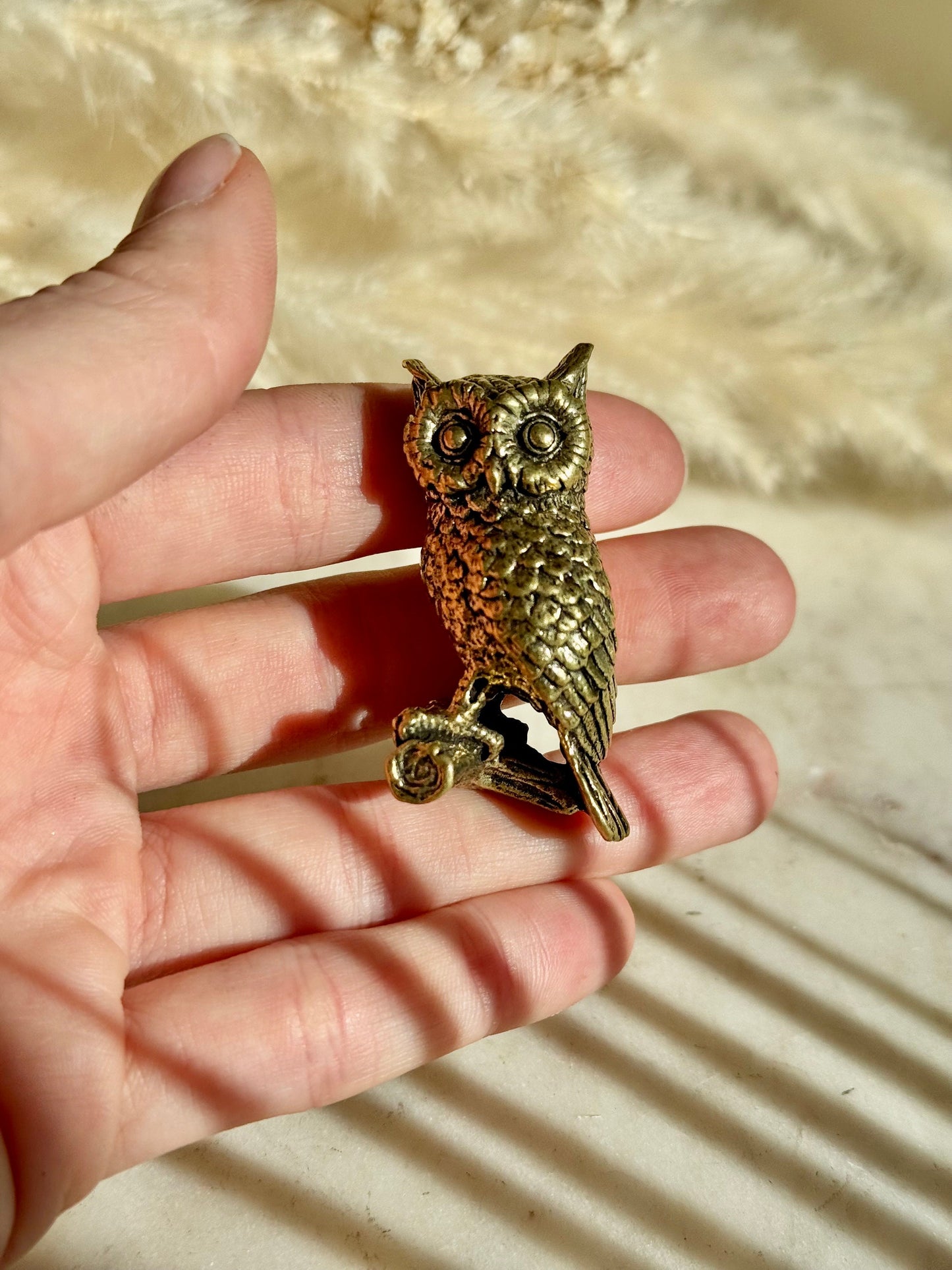 Wise eagle-owl figurine, Metal Owl ornament, fine lifelike solid brass figurine, desktop decoration, winter bird statuette, Christmas gift
