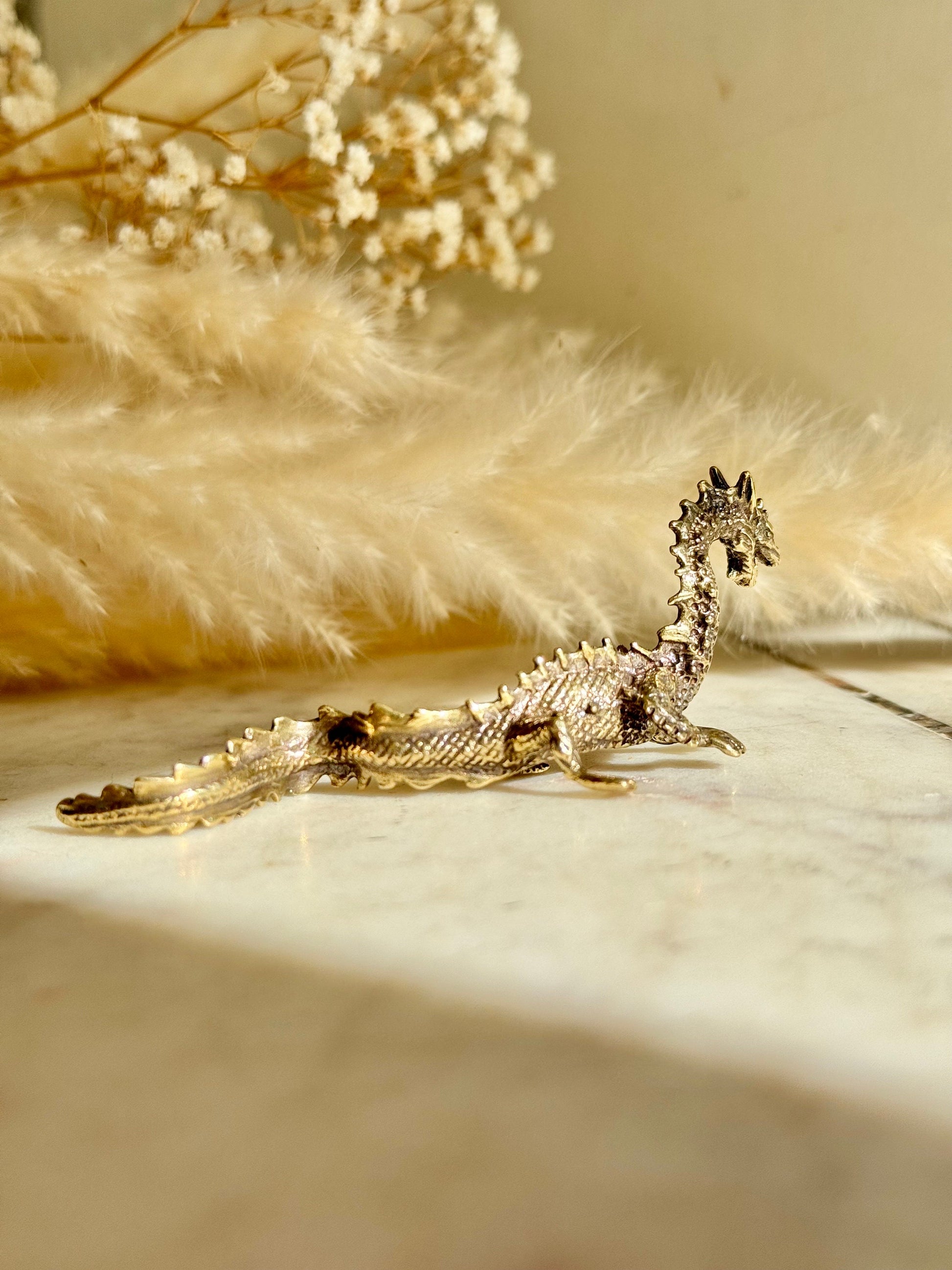 Proud Asian Dragon solid brass miniature, Chinese Feng Shui Animal Statue, golden dragon statuette, Chinese new year gift, fountain pen rest