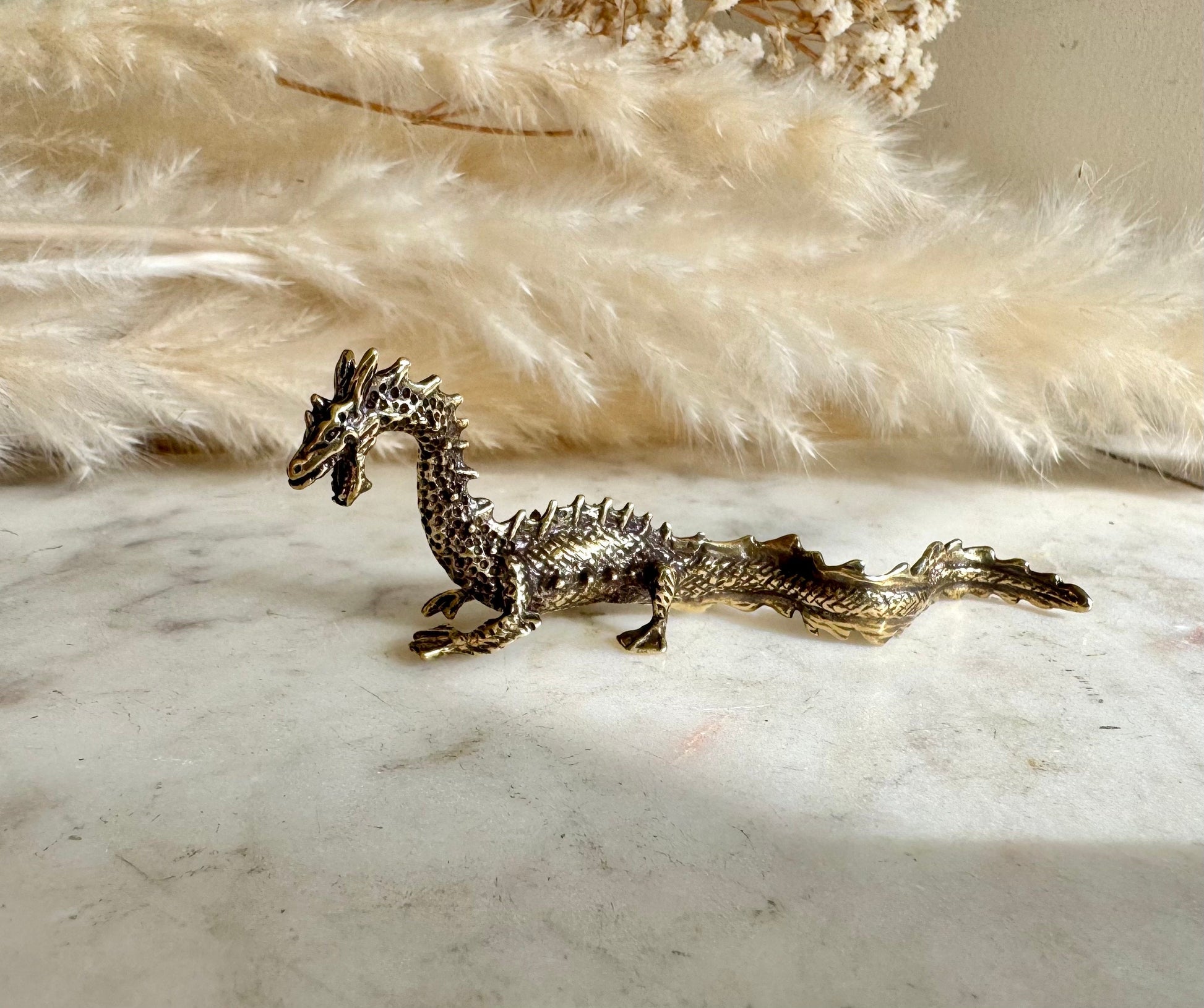 Proud Asian Dragon solid brass miniature, Chinese Feng Shui Animal Statue, golden dragon statuette, Chinese new year gift, fountain pen rest