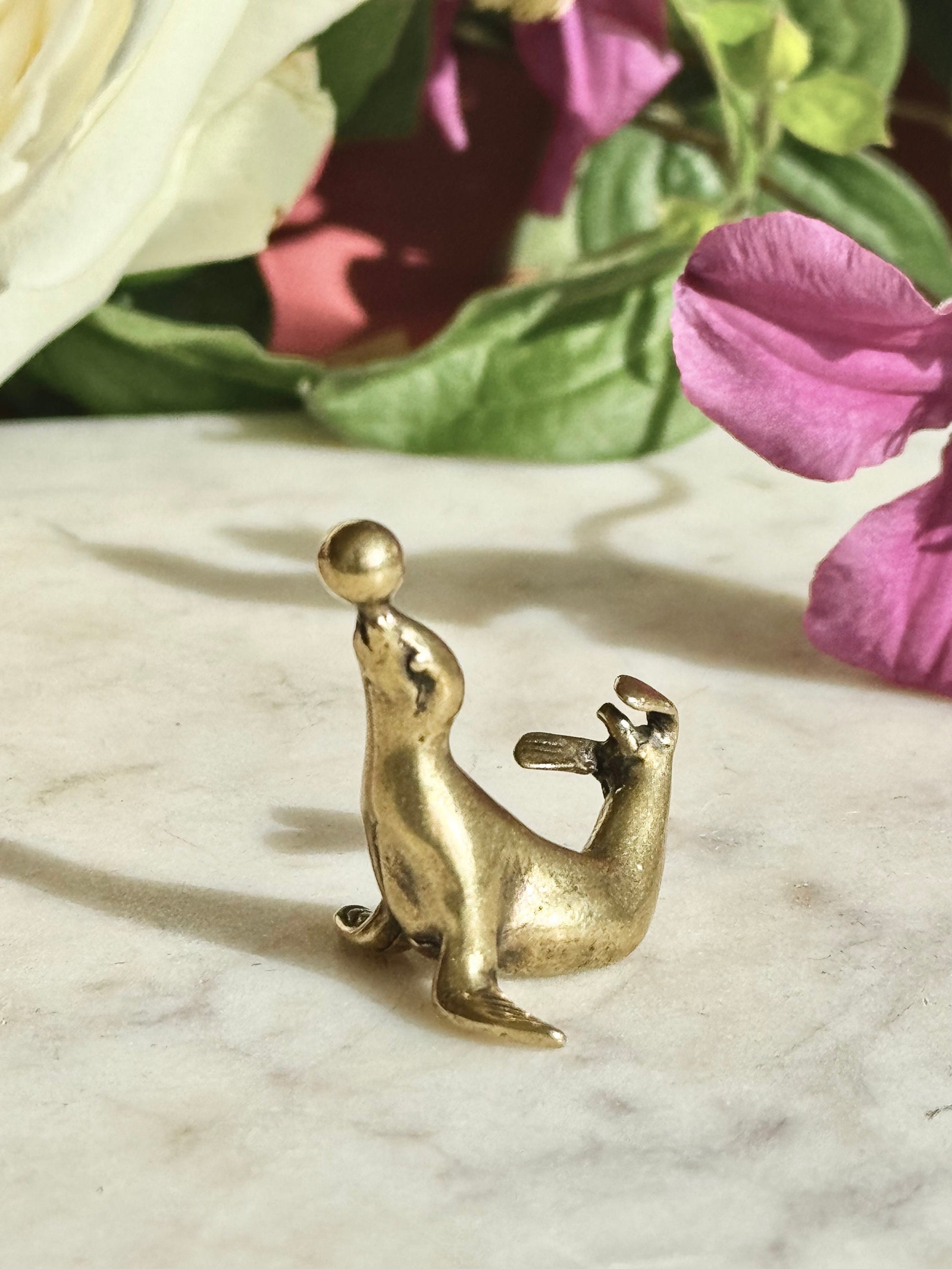 Fine solid brass Playful Seal miniature, Seal playing with a ball, sea creature sculpture, pinnipeds miniature, cute sea lion