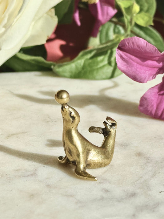 Fine solid brass Playful Seal miniature, Seal playing with a ball, sea creature sculpture, pinnipeds miniature, cute sea lion