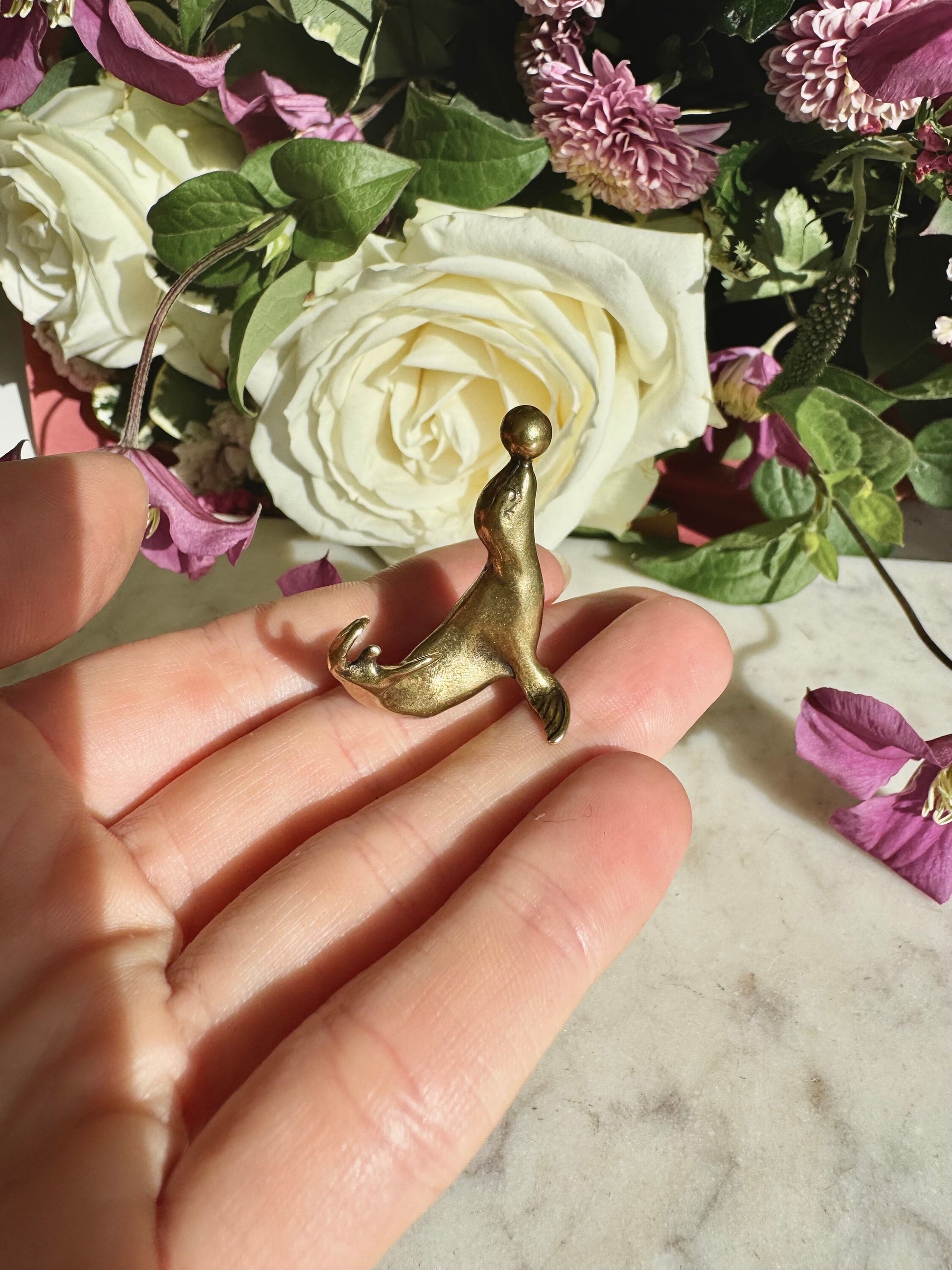 Fine solid brass Playful Seal miniature, Seal playing with a ball, sea creature sculpture, pinnipeds miniature, cute sea lion