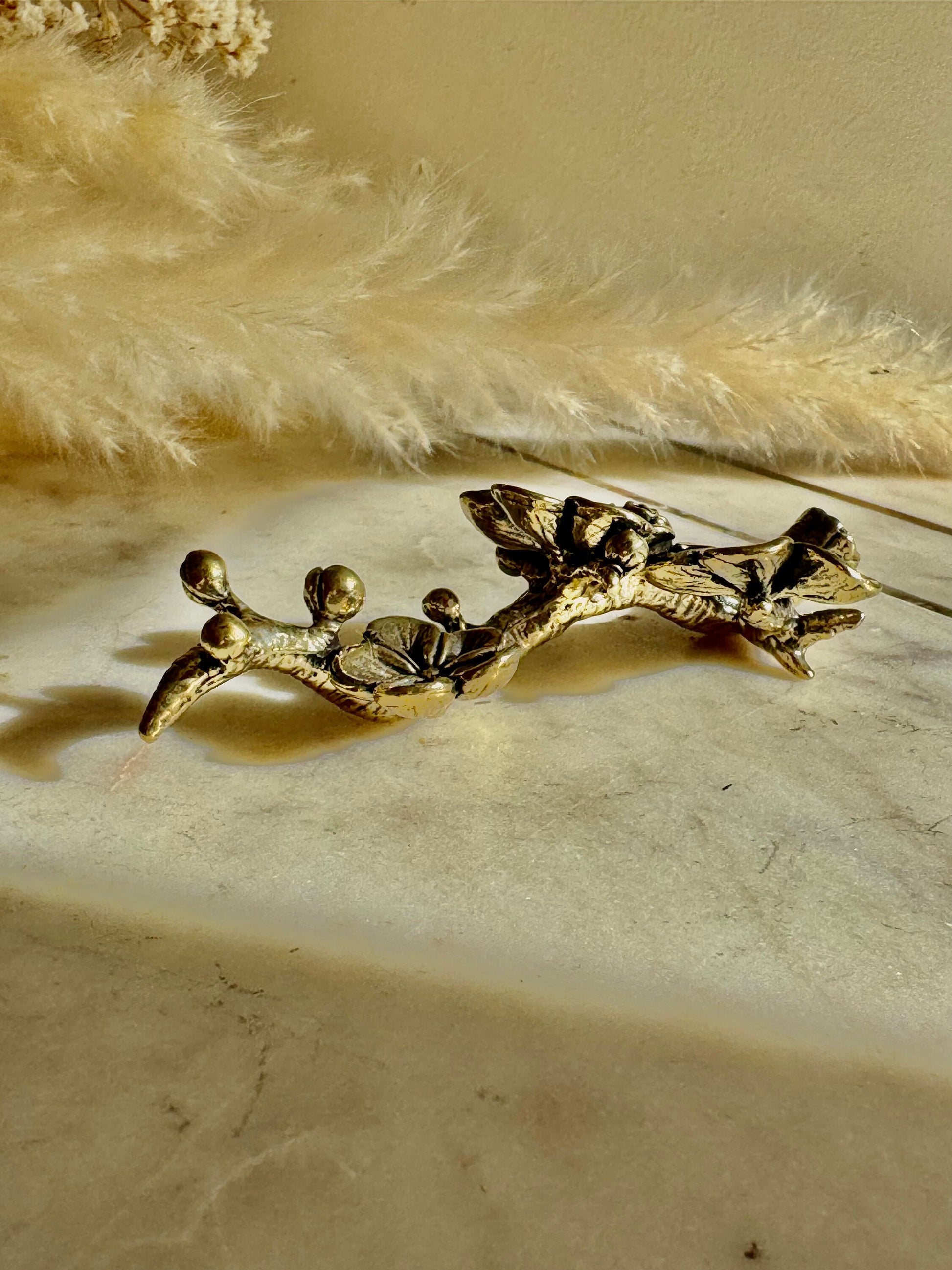 Solid brass Blossoming Cherry Pen Holder, Sakura ornaments, Flowers on a bench fountain pen rest, blossoming fruit tree figurine