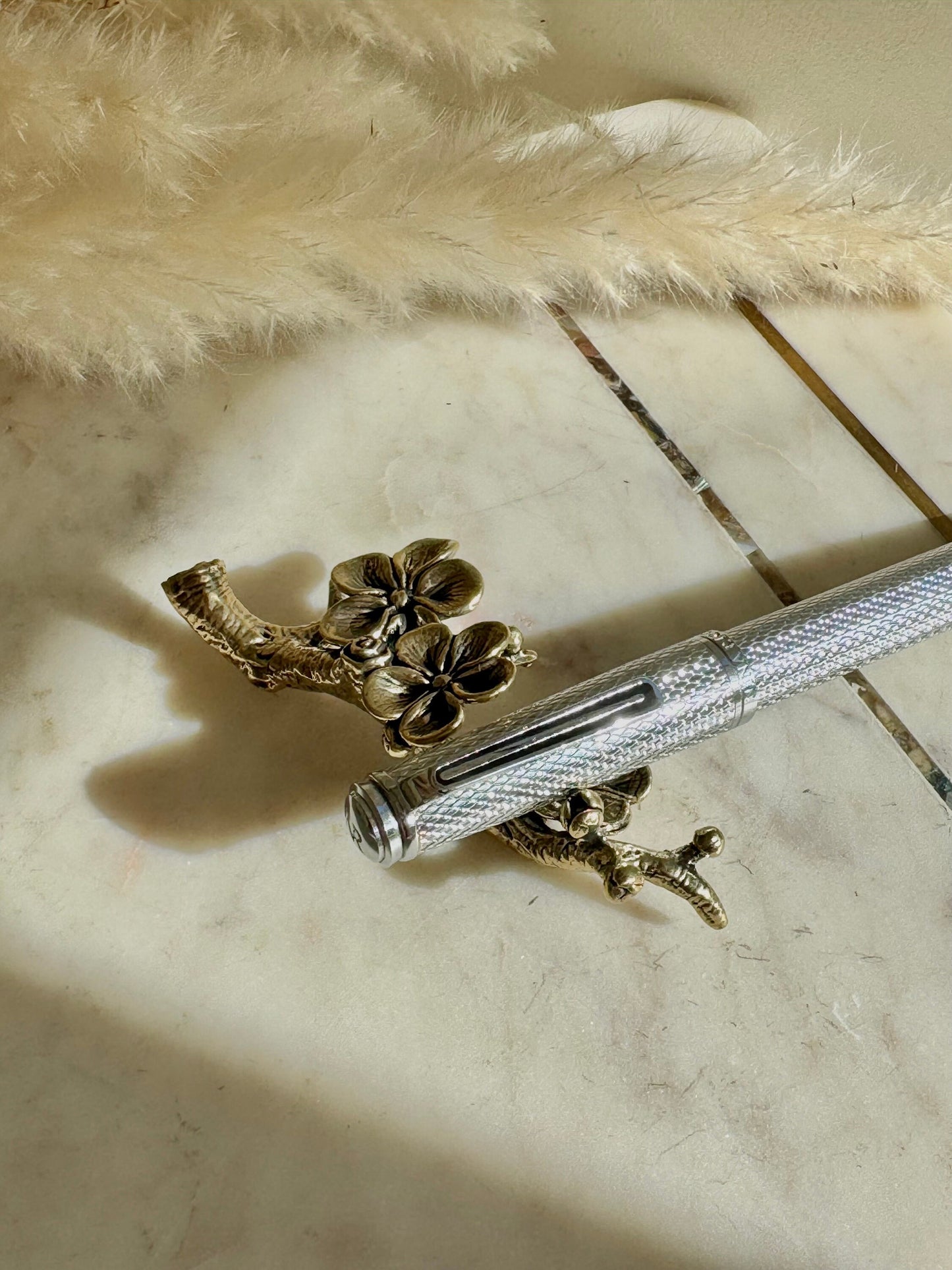 Solid brass Blossoming Cherry Pen Holder, Sakura ornaments, Flowers on a bench fountain pen rest, blossoming fruit tree figurine