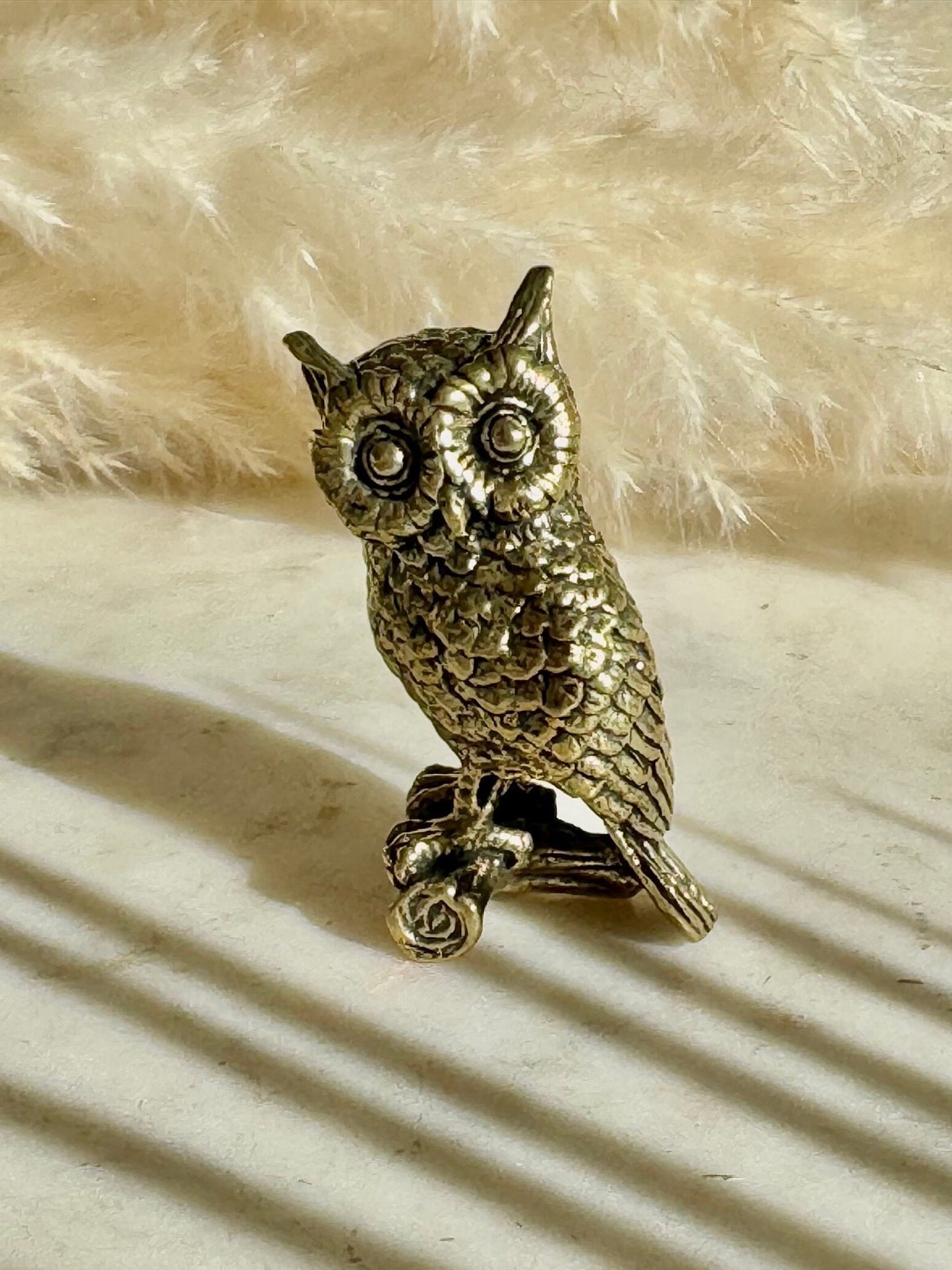 Wise eagle-owl figurine, Metal Owl ornament, fine lifelike solid brass figurine, desktop decoration, winter bird statuette, Christmas gift