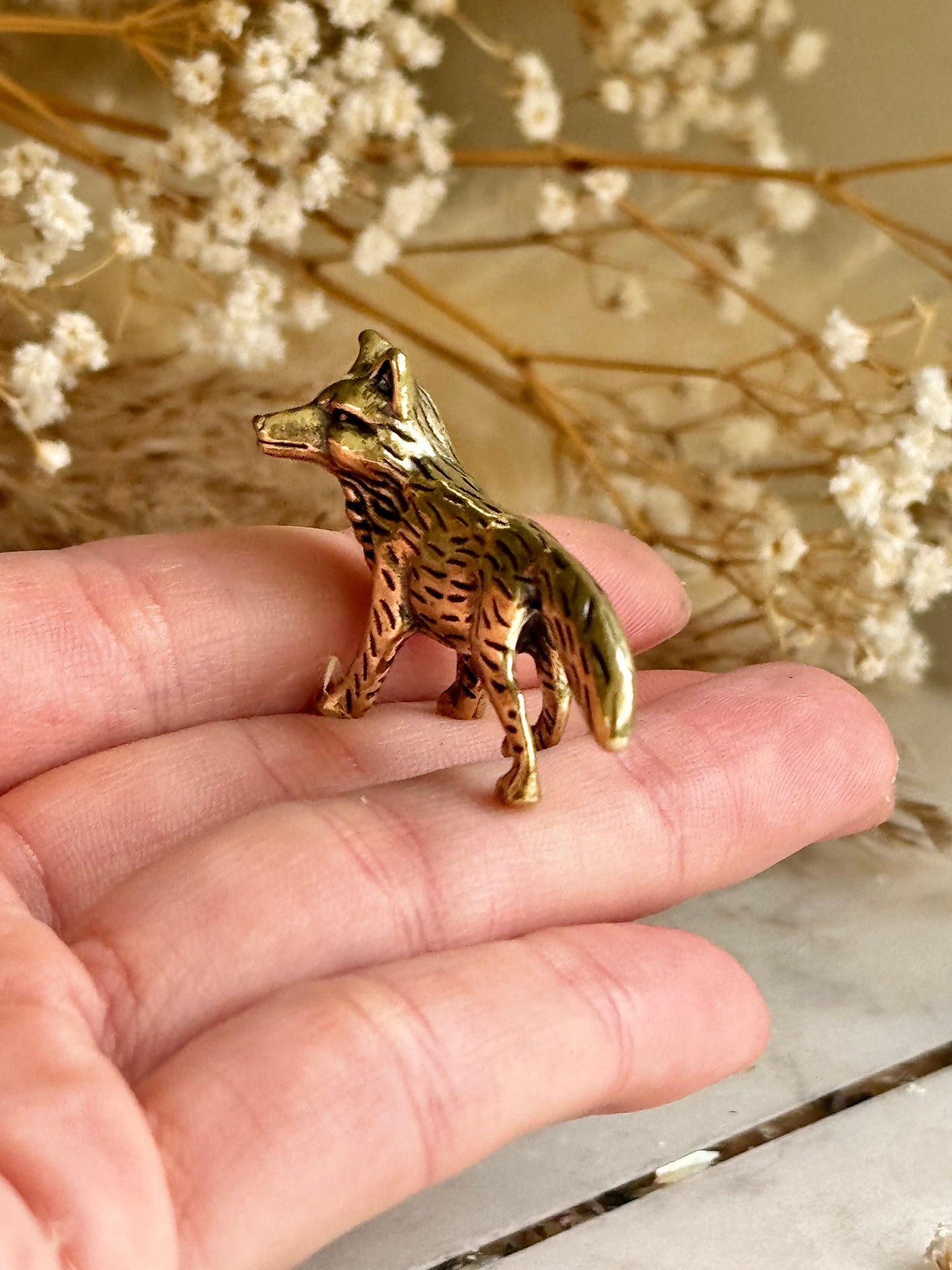 Fine statuette of winter fox, brass fox figurine, fountain pen holder, brush stand, creative little gift