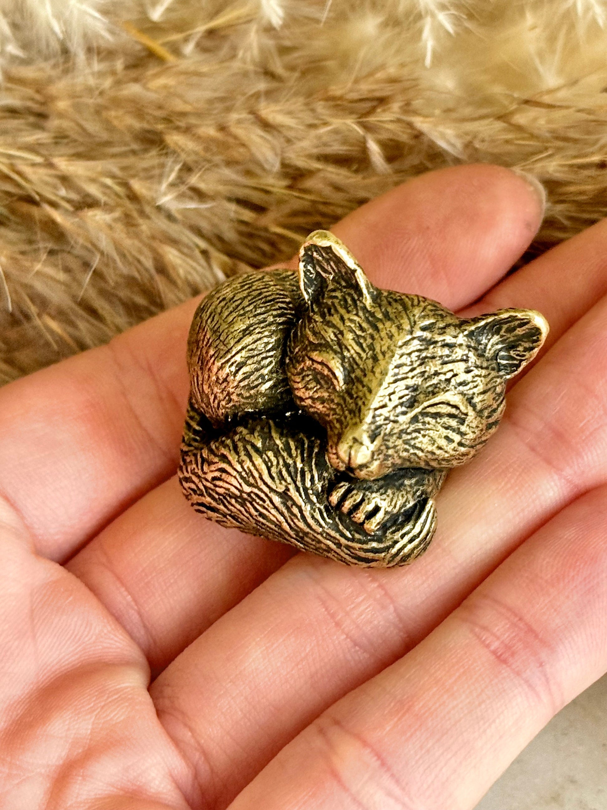 Snuggled fox figurine, solid brass fox miniature, Cuddly fox statuette, warm desktop decor, sleeping fox ornament, best gift for fox lovers