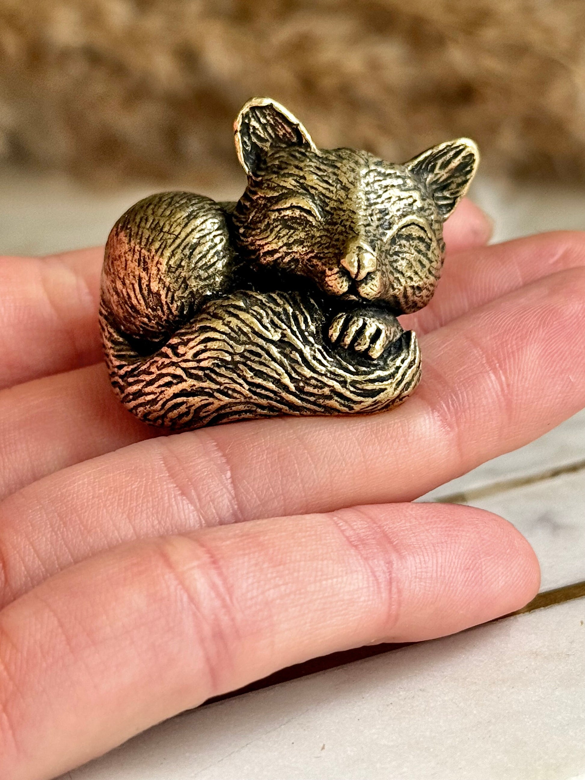Snuggled fox figurine, solid brass fox miniature, Cuddly fox statuette, warm desktop decor, sleeping fox ornament, best gift for fox lovers