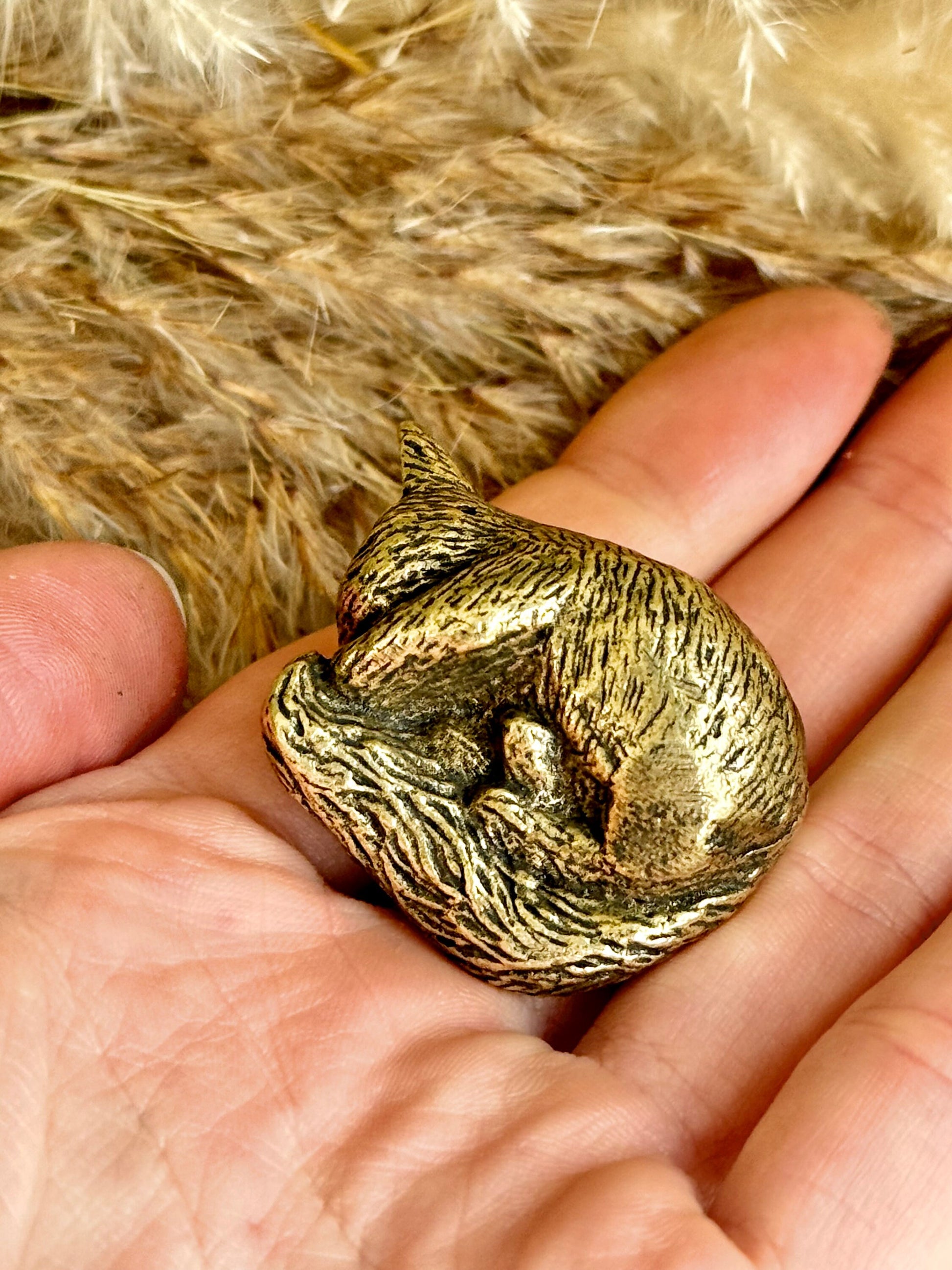 Snuggled fox figurine, solid brass fox miniature, Cuddly fox statuette, warm desktop decor, sleeping fox ornament, best gift for fox lovers
