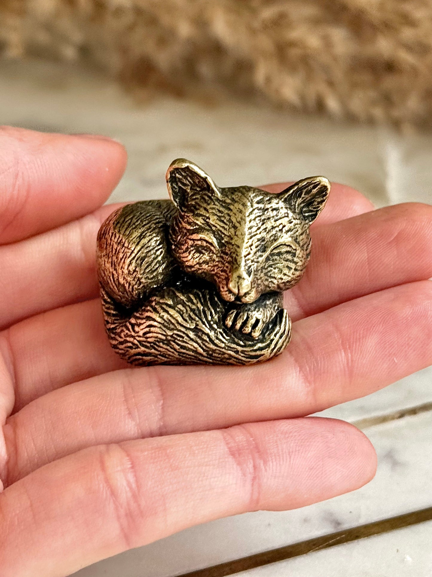 Snuggled fox figurine, solid brass fox miniature, Cuddly fox statuette, warm desktop decor, sleeping fox ornament, best gift for fox lovers