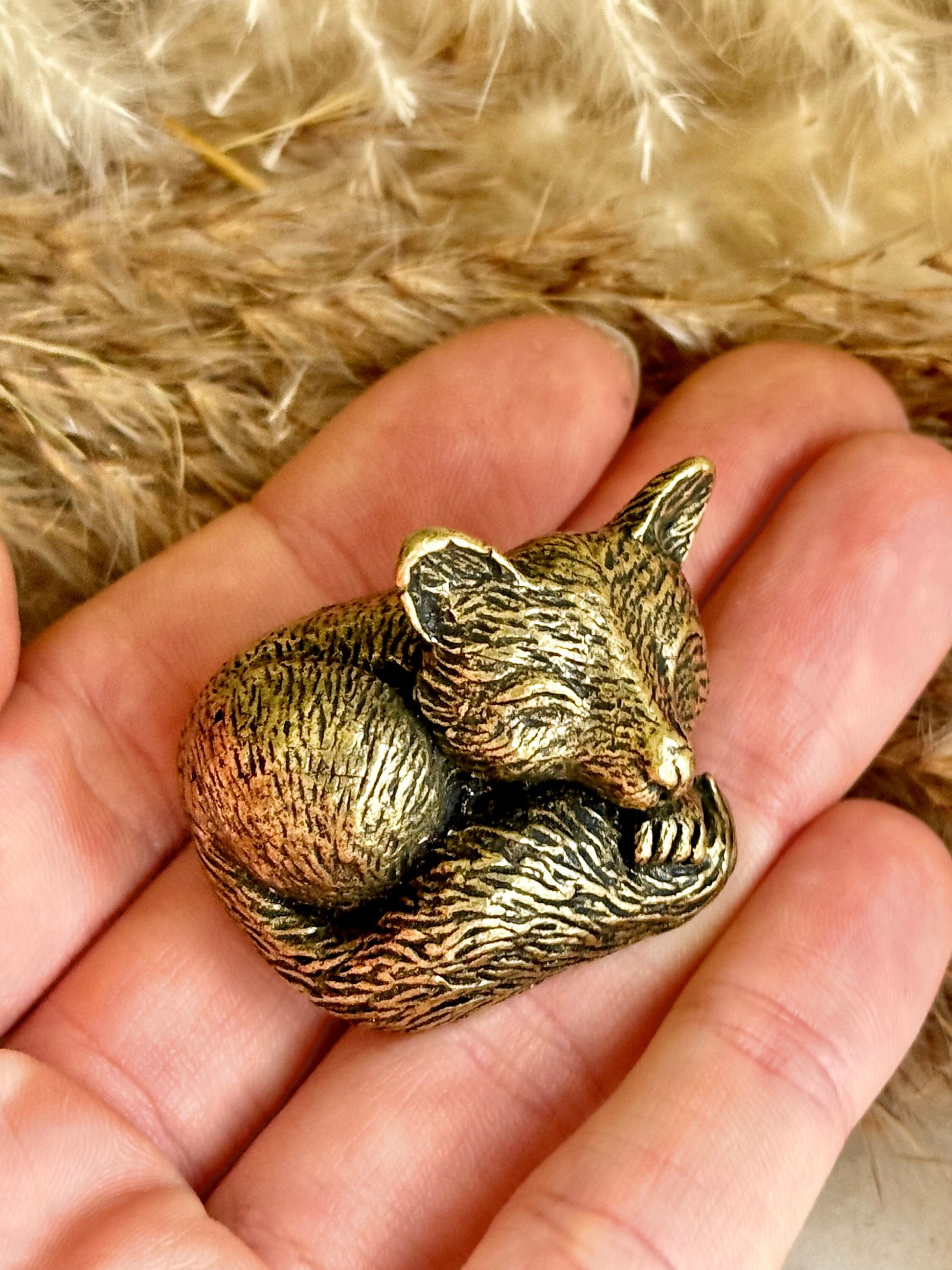 Snuggled fox figurine, solid brass fox miniature, Cuddly fox statuette, warm desktop decor, sleeping fox ornament, best gift for fox lovers