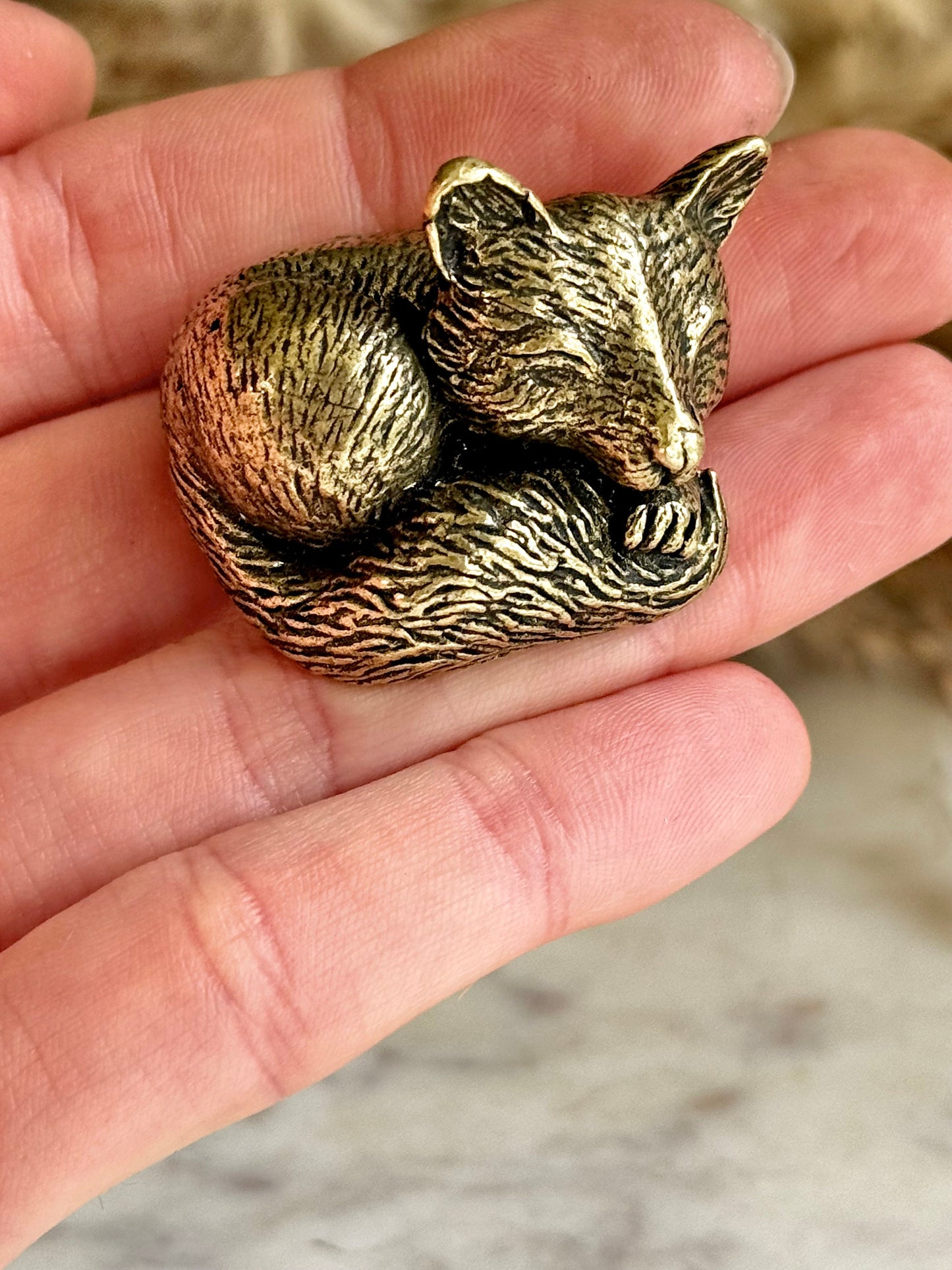 Snuggled fox figurine, solid brass fox miniature, Cuddly fox statuette, warm desktop decor, sleeping fox ornament, best gift for fox lovers