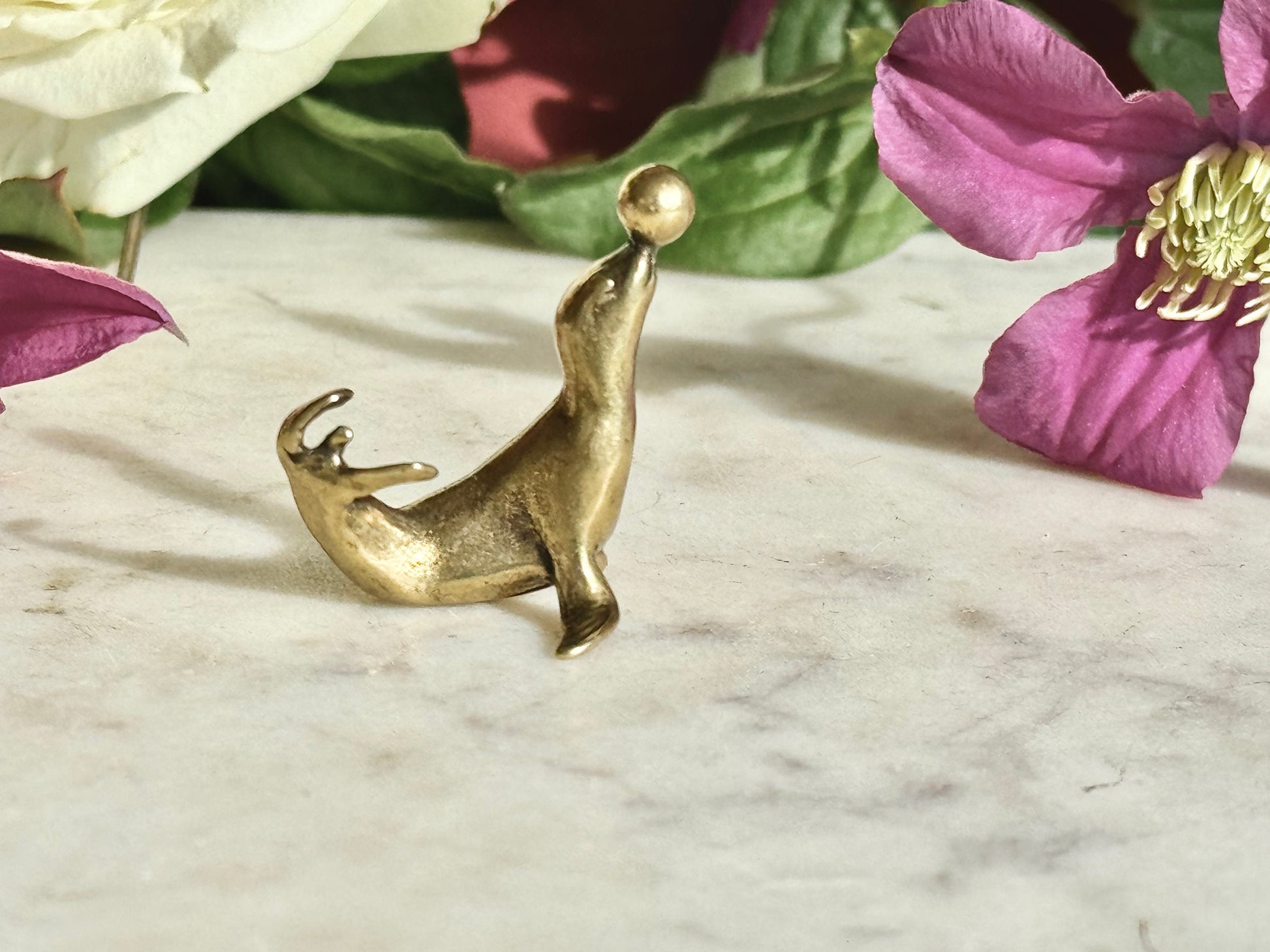 Fine solid brass Playful Seal miniature, Seal playing with a ball, sea creature sculpture, pinnipeds miniature, cute sea lion