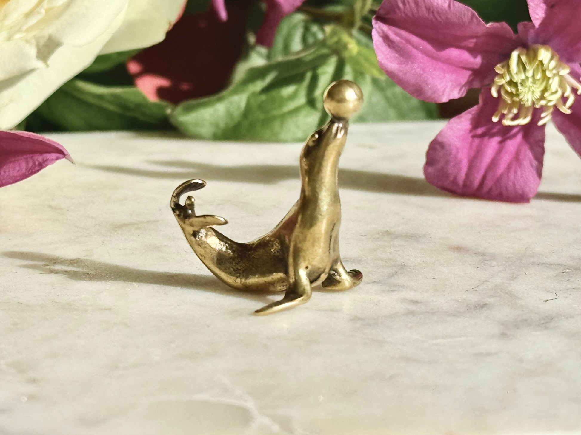 Fine solid brass Playful Seal miniature, Seal playing with a ball, sea creature sculpture, pinnipeds miniature, cute sea lion