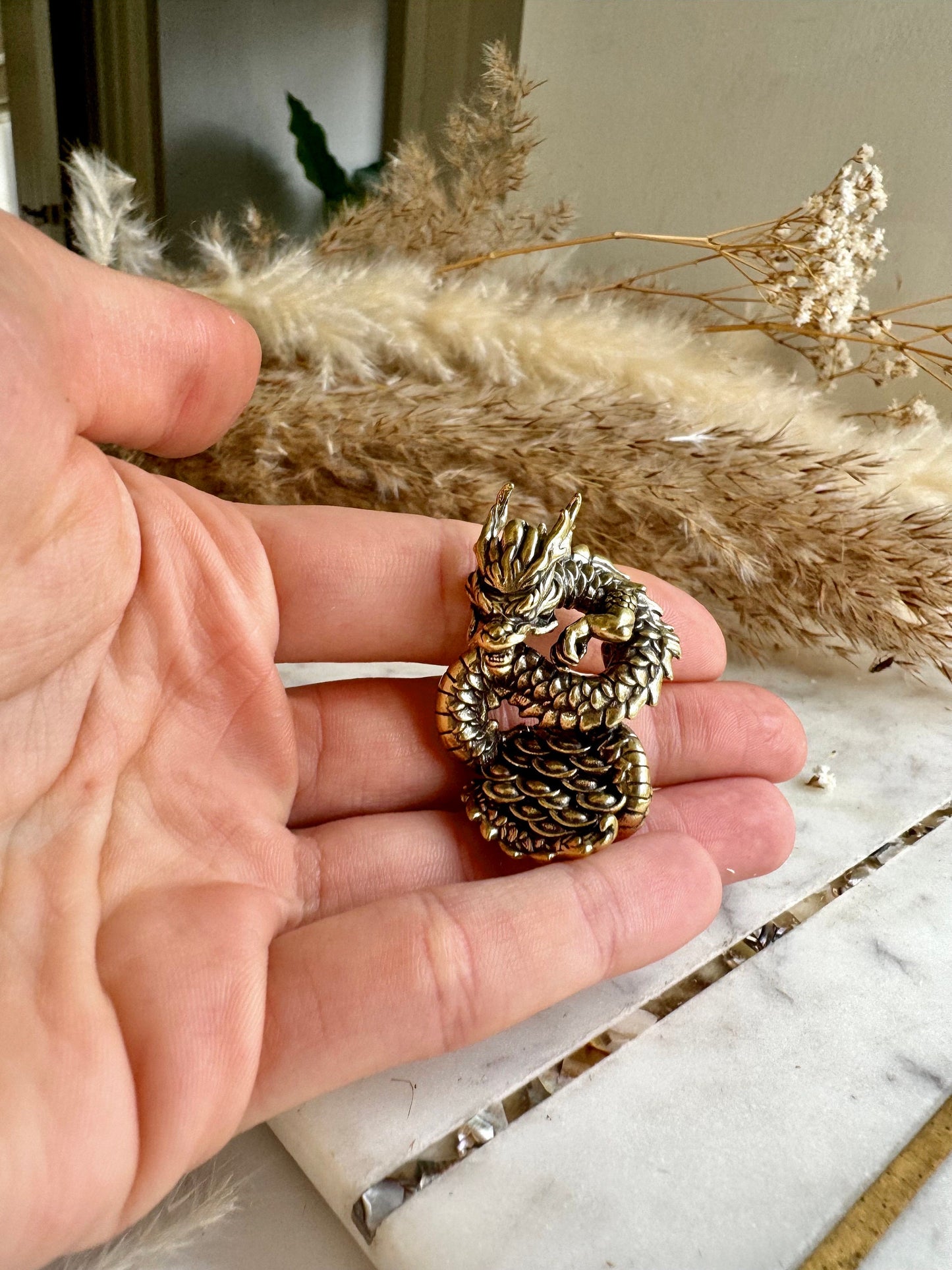 Wealthy Dragon solid brass miniature, Chinese Feng Shui Animal Statue, dragon with gold statuette, Chinese Mushu dragon new year gift