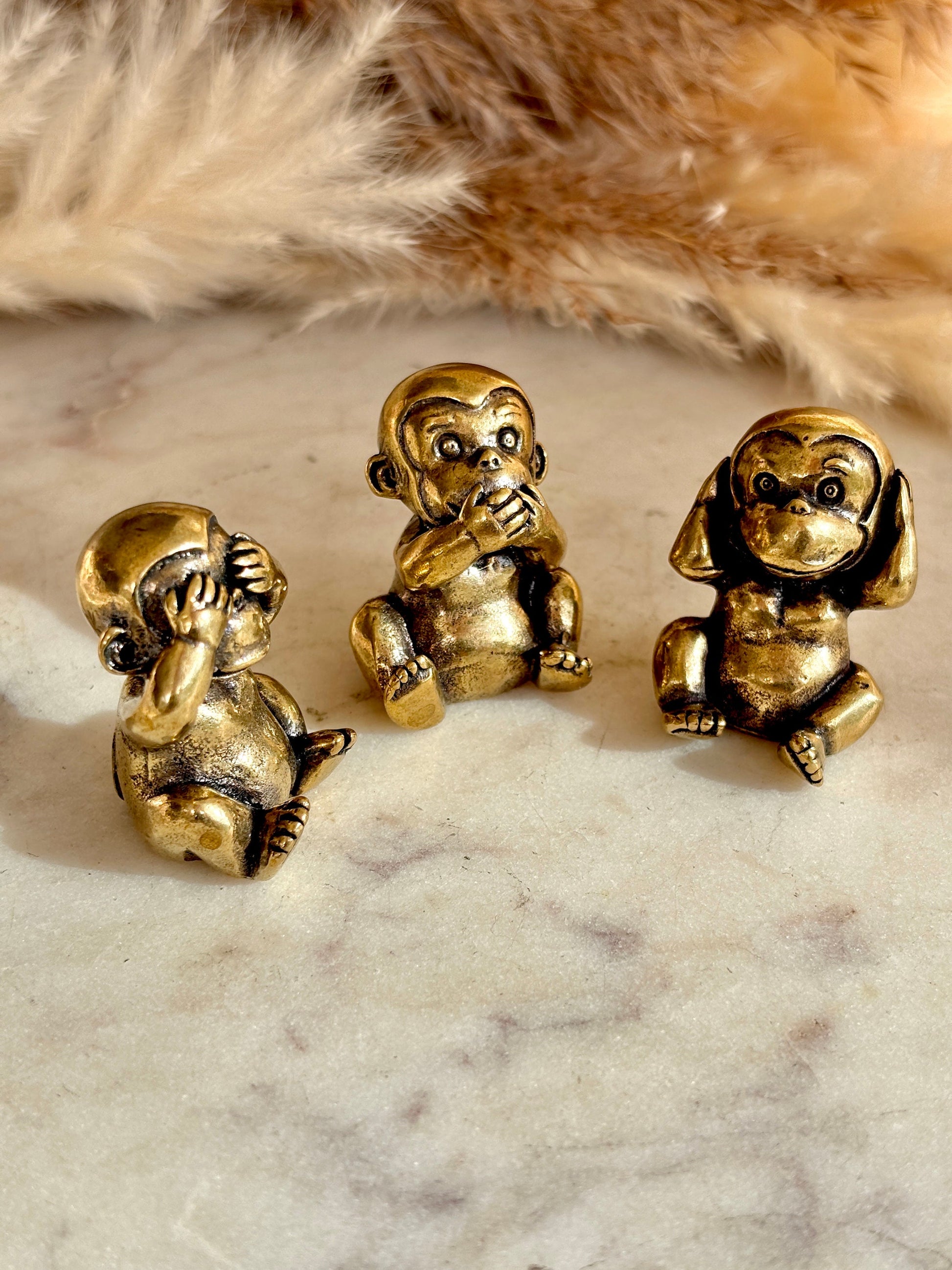 Cute style Three Solid Brass Monkeys Figurines, Miniature Three Wise Monkeys, Monkey Trio, See Hear Speak No Evil Monkeys Sculpture