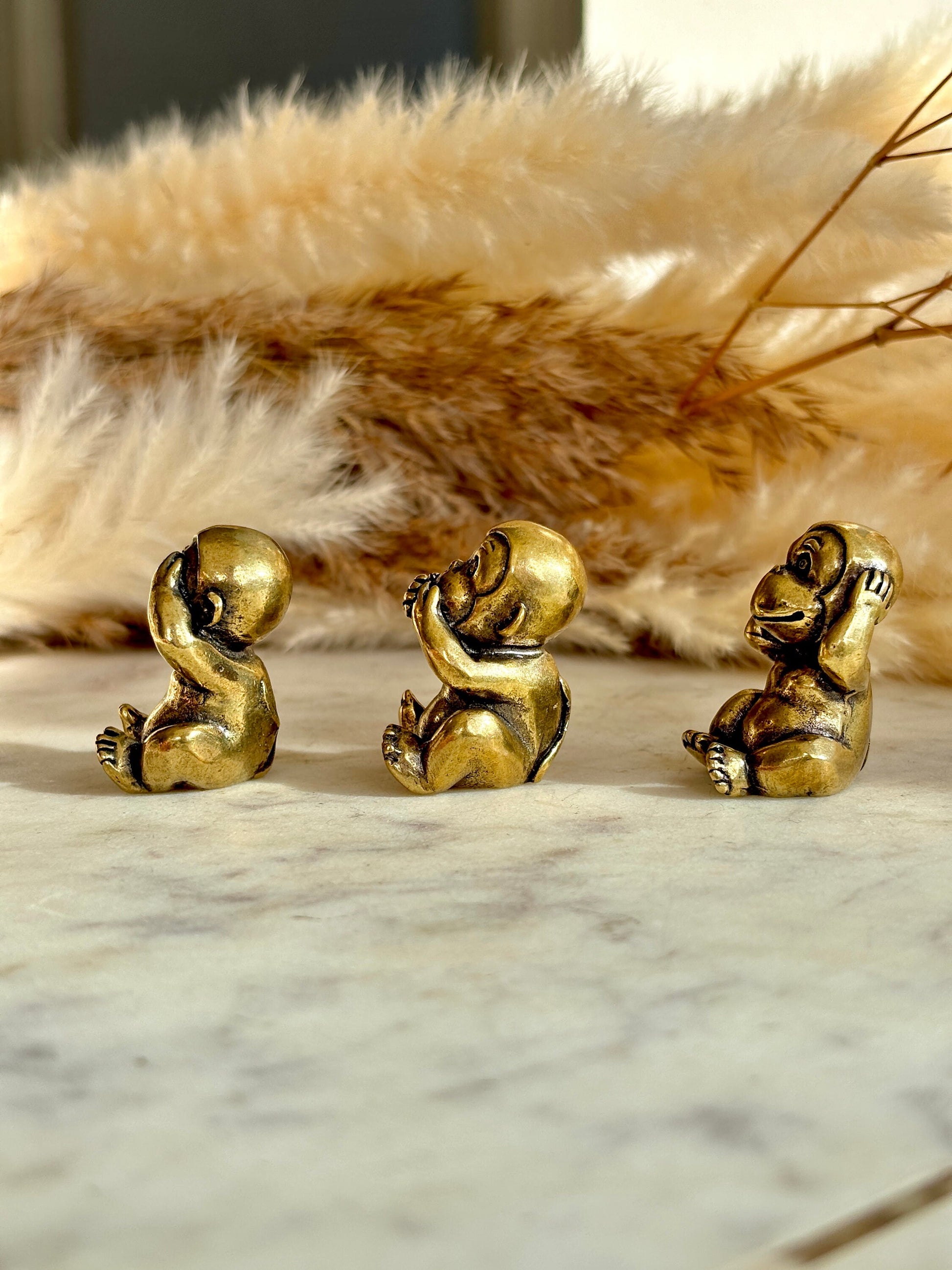 Cute style Three Solid Brass Monkeys Figurines, Miniature Three Wise Monkeys, Monkey Trio, See Hear Speak No Evil Monkeys Sculpture