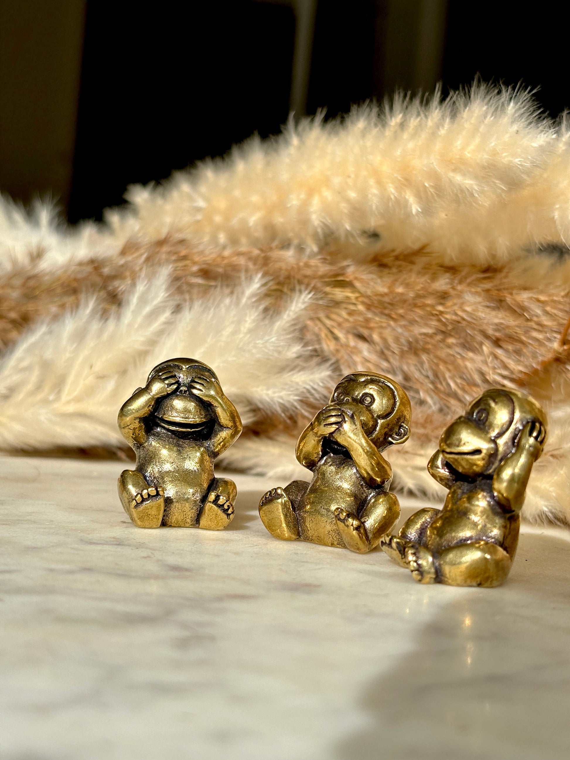 Cute style Three Solid Brass Monkeys Figurines, Miniature Three Wise Monkeys, Monkey Trio, See Hear Speak No Evil Monkeys Sculpture