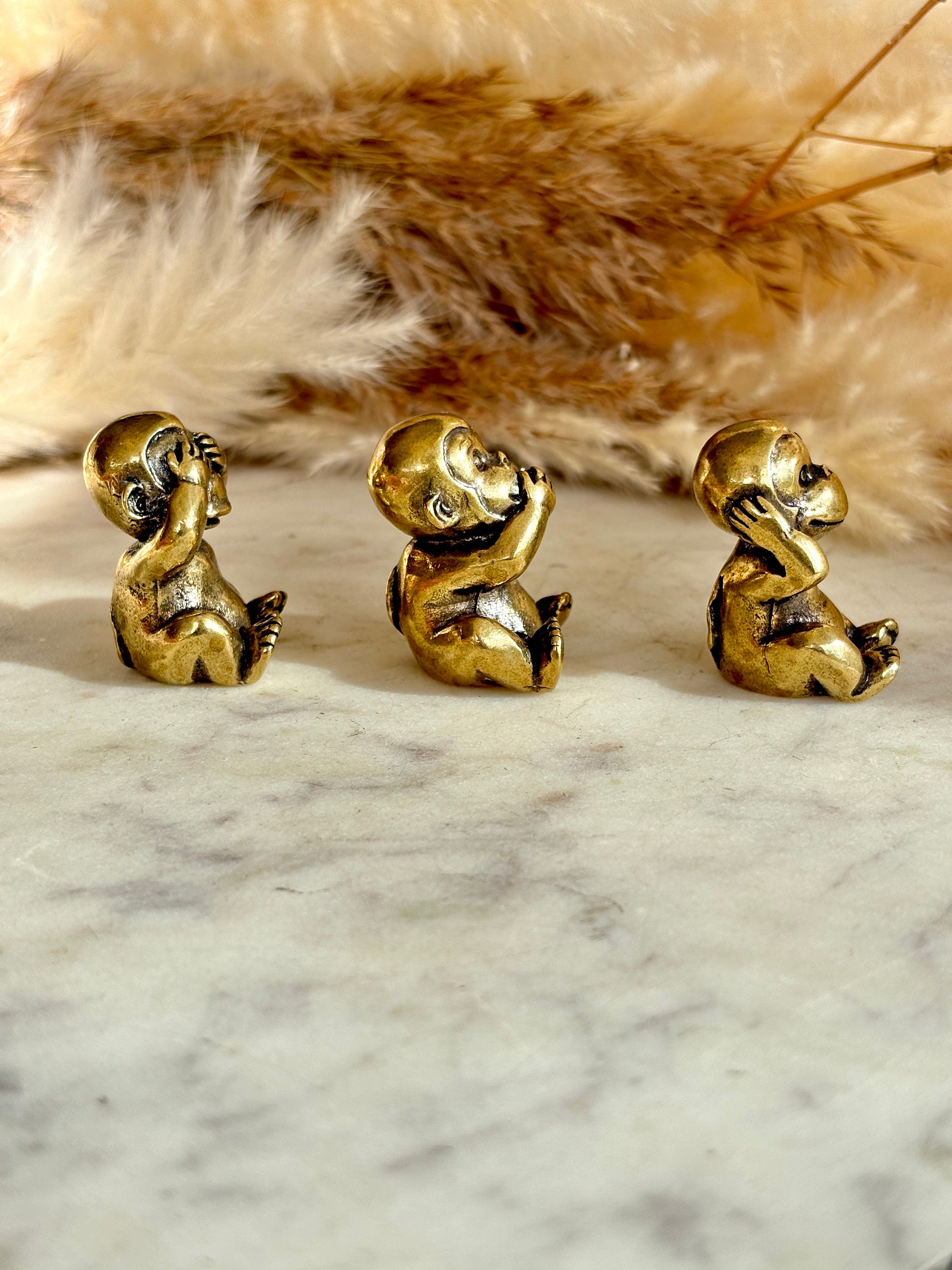 Cute style Three Solid Brass Monkeys Figurines, Miniature Three Wise Monkeys, Monkey Trio, See Hear Speak No Evil Monkeys Sculpture