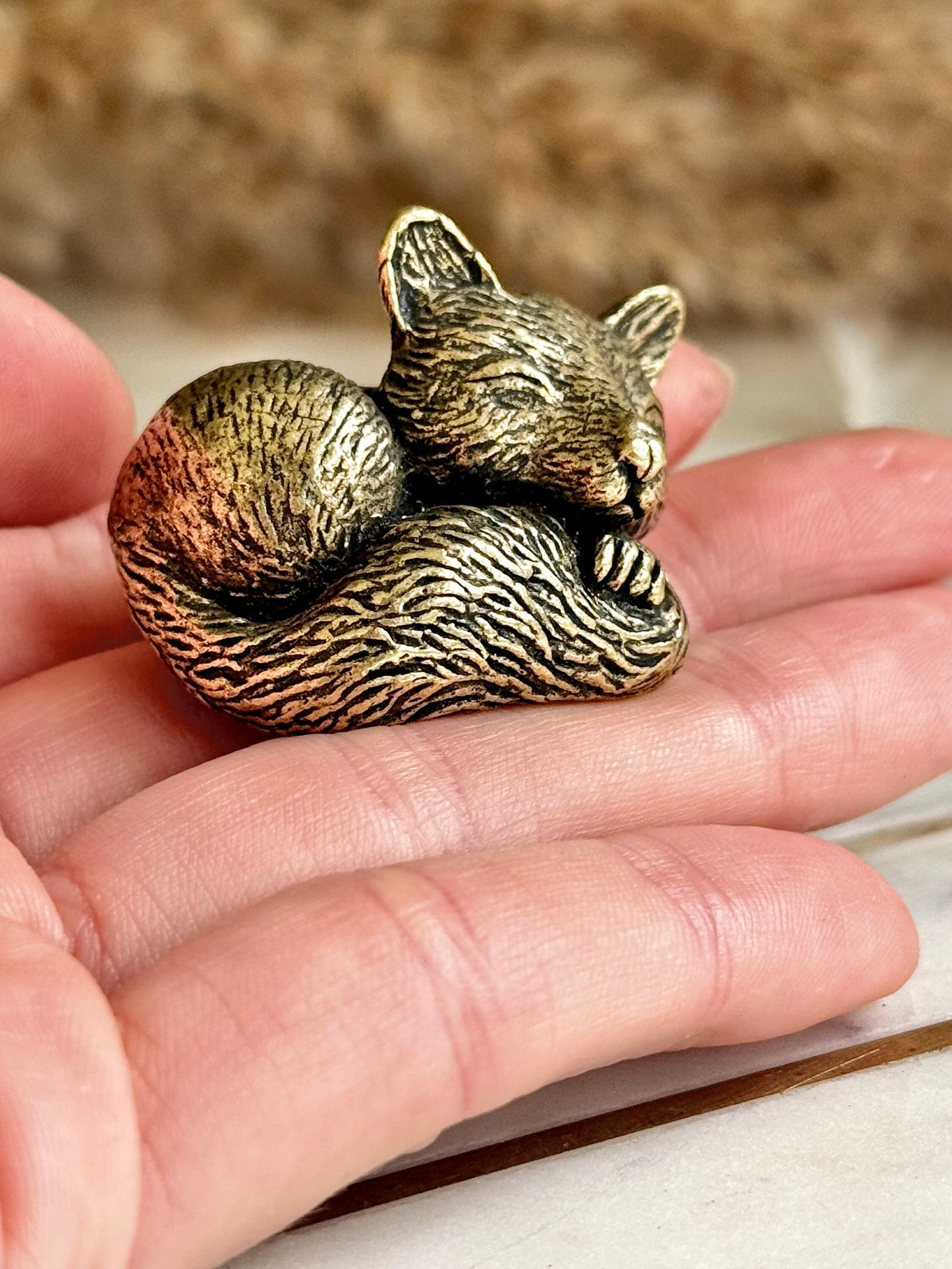 Snuggled fox figurine, solid brass fox miniature, Cuddly fox statuette, warm desktop decor, sleeping fox ornament, best gift for fox lovers